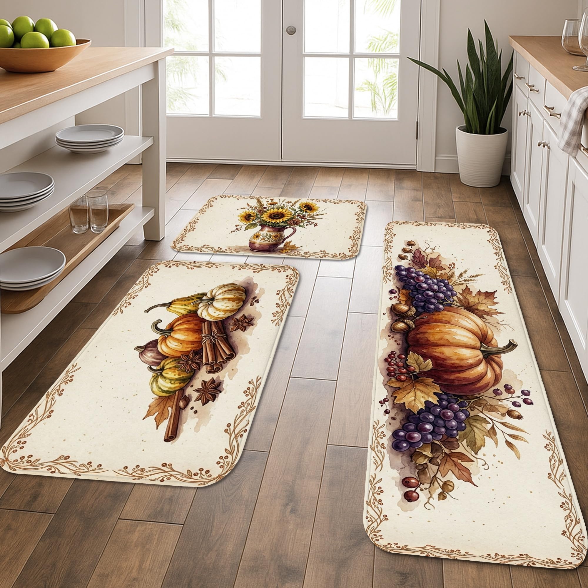 Tapis de cuisine rustiques lot de 3 citrouilles et tournesols marron lavables