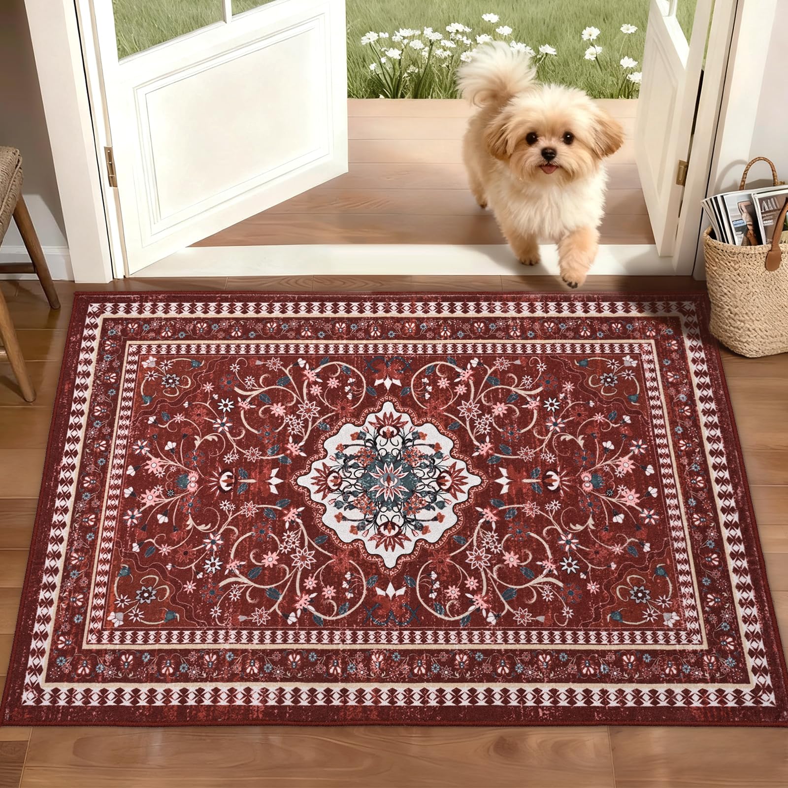 Photo 1 of 2' x 3' Red Entryway Rug, Non-Slip Washable Kitchen Rugs, Boho Low Pile Door Mat Indoor Entrance, Area Rugs for Bathroom Bedroom Laundry Living Room Farmhouse