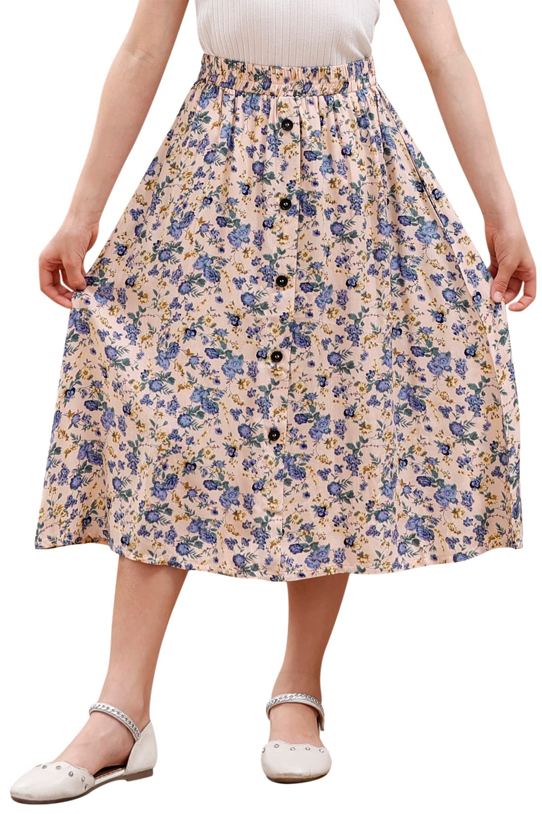 GORLYA Girls A-Line Elastic High Waist Pleated Swing Maxi Skirt with Pockets for 4-14T