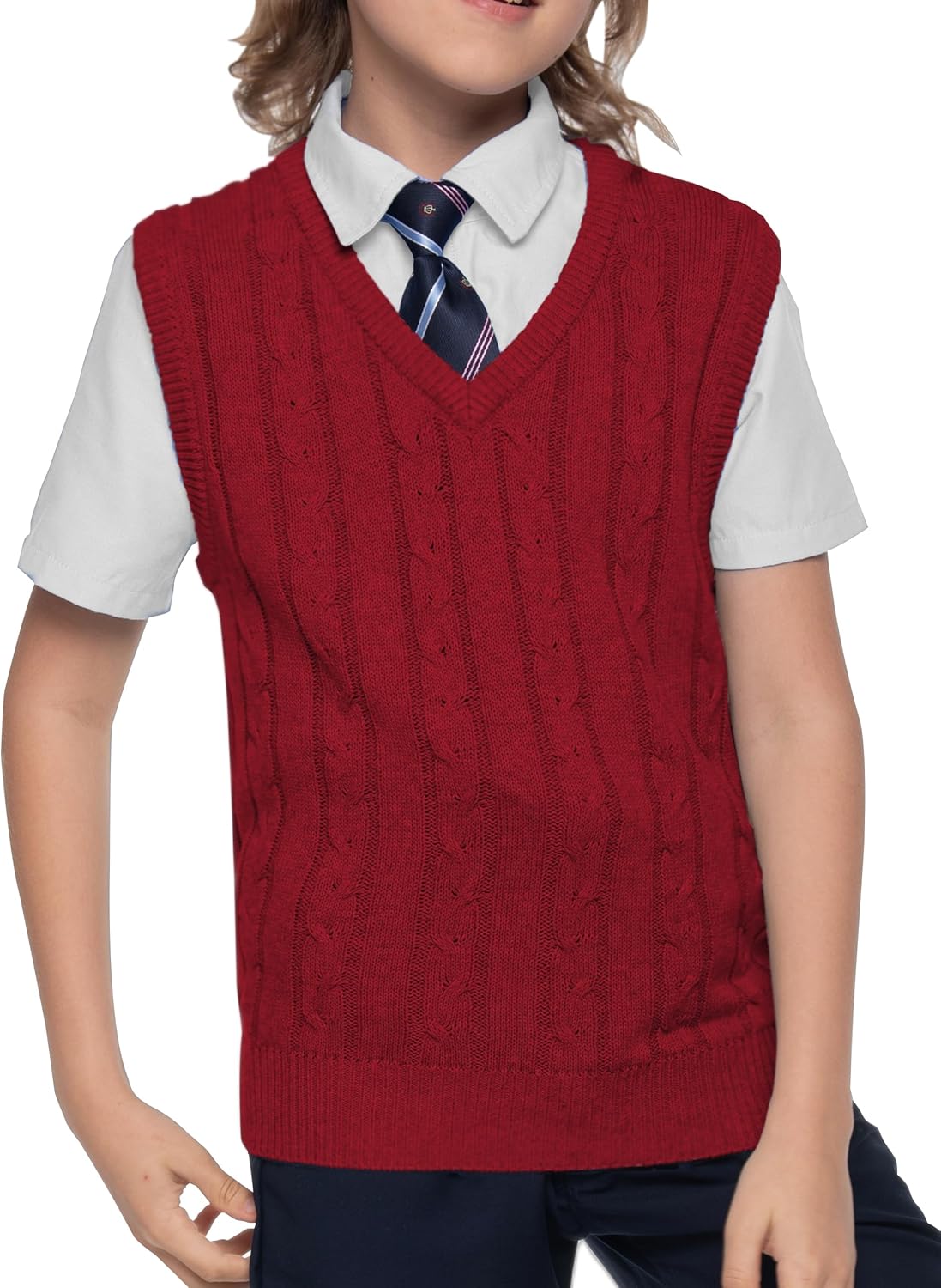 BOBOYOYO Boys Sweater Vest Unisex Cable Knit 100% Cotton Toddler Uniform Vest for Little Big Childrens Kids Teenage Girls - Image 2