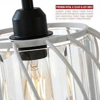 DC VOLTAGE 3 Light Ceiling Pendant Light White 18cm Glass Shade E27 Adjustable Cable Modern Kitchen Island Hanging Lamp Dining Room Bar Industrial Lighting Fitting UK [Energy Class A]
