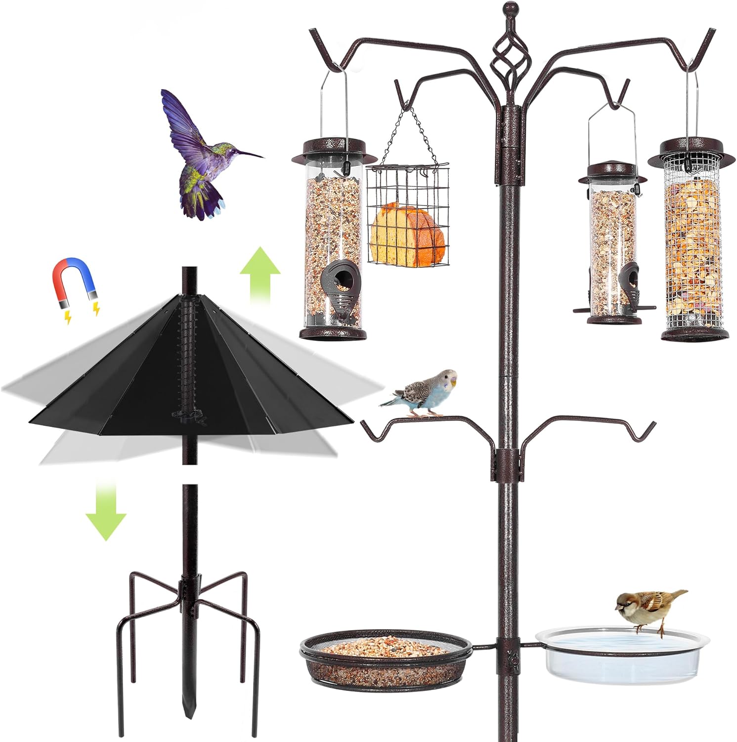 6-Hook Bird Feeding Station Kit, 94 Inch Heavy Duty Bird Feeder Stand Pole for Outdoors Hanging with 4 Feeders, Wide Metal Squirrel Baffle, Attracting Wild Birds 94 inch with squirrel baffle