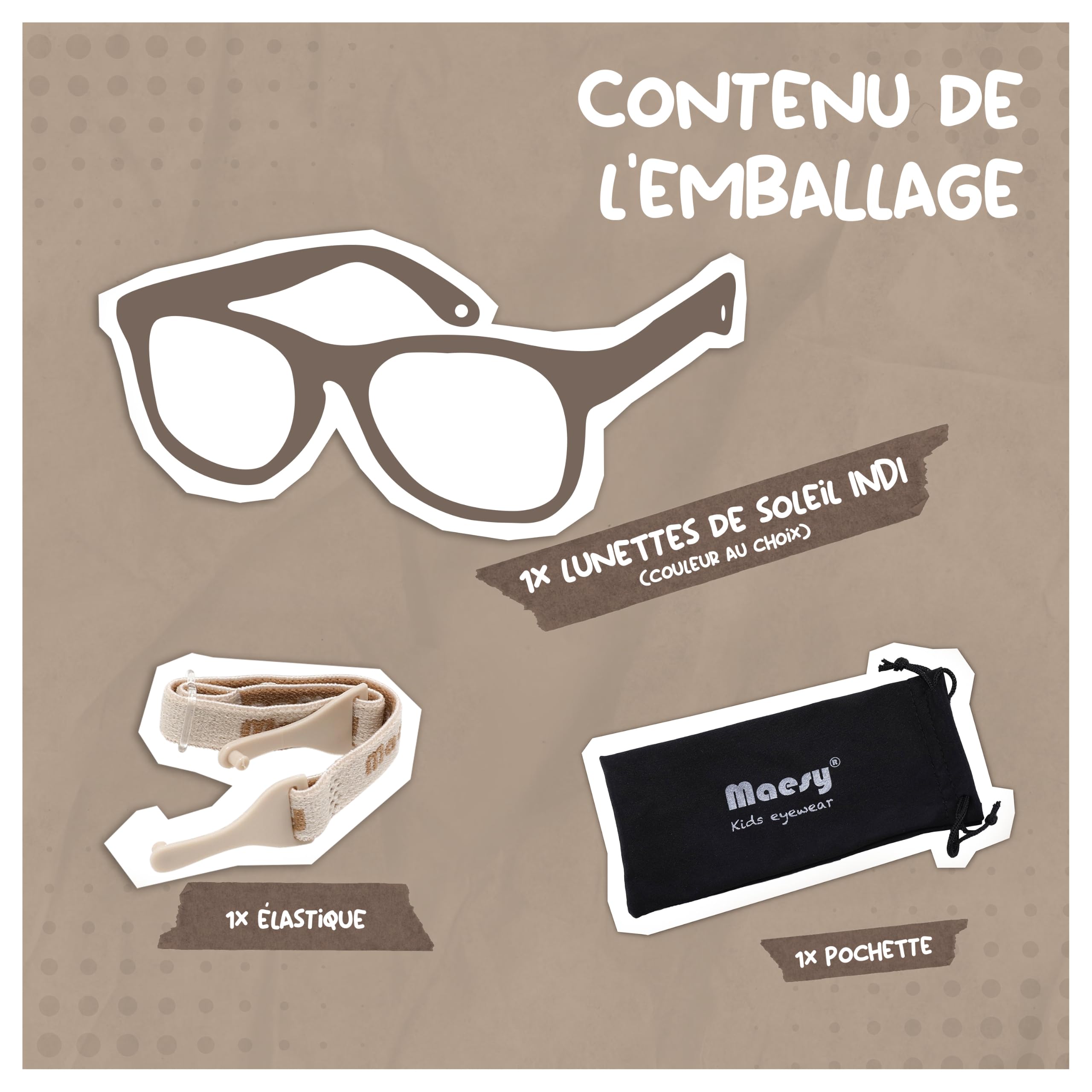 Lunettes de Soleil Bébé - 0-2 Ans - Protection UV400 Polarisée - Cadre Flexible et Pliable - Bande Élastique Réglable - Lunettes de Soleil Sûres et Confortables - Pour Enfant - Indi
