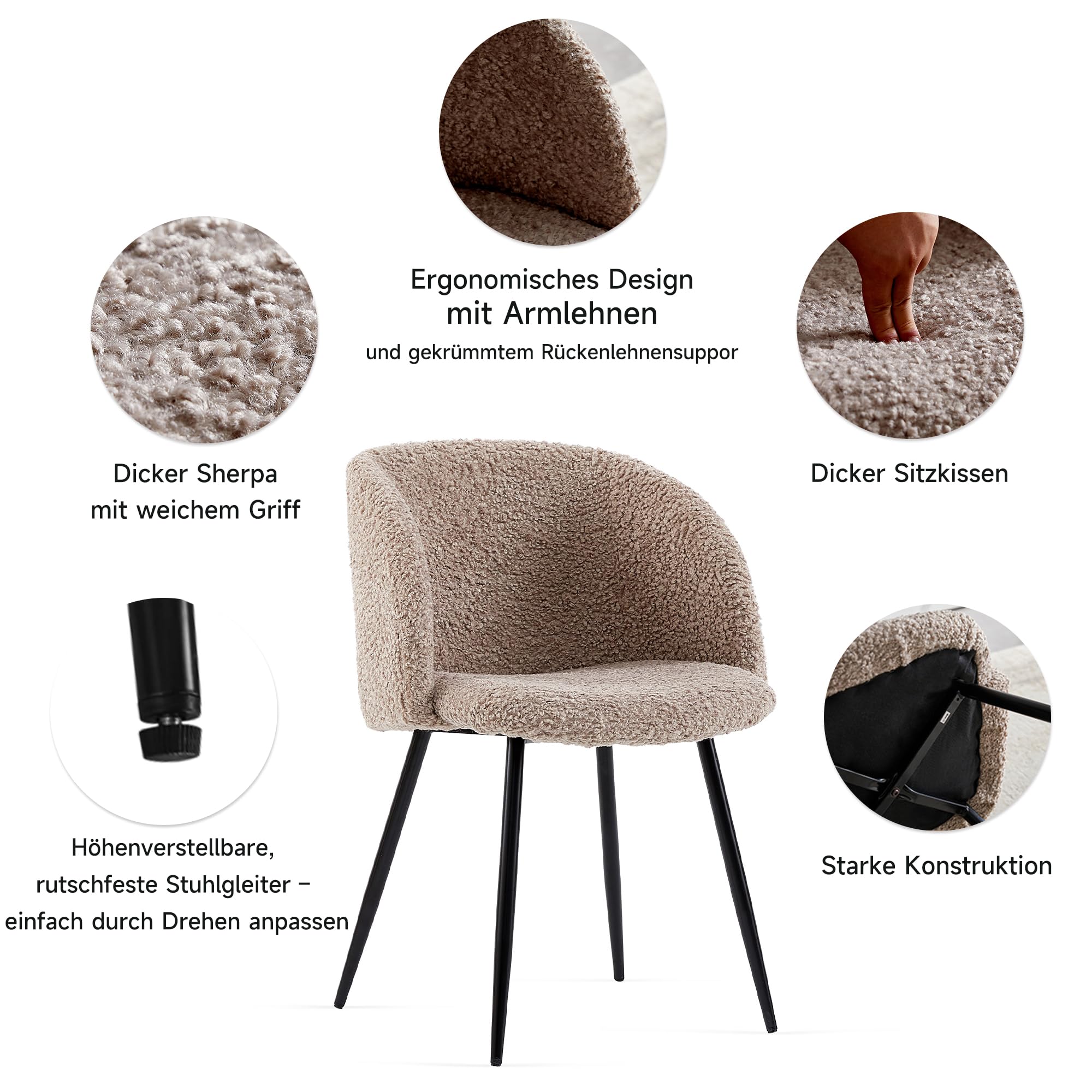 NORDICANA Esszimmerstühle 4er Set, Teddy Sessel, Schminktisch Stuhl, Küchenstühle, Wohnzimmerstuhl, Schwarze Metallbeine, Kunstpelz, Braun, für Wohnzimmer, Esstisch, Schminktisch