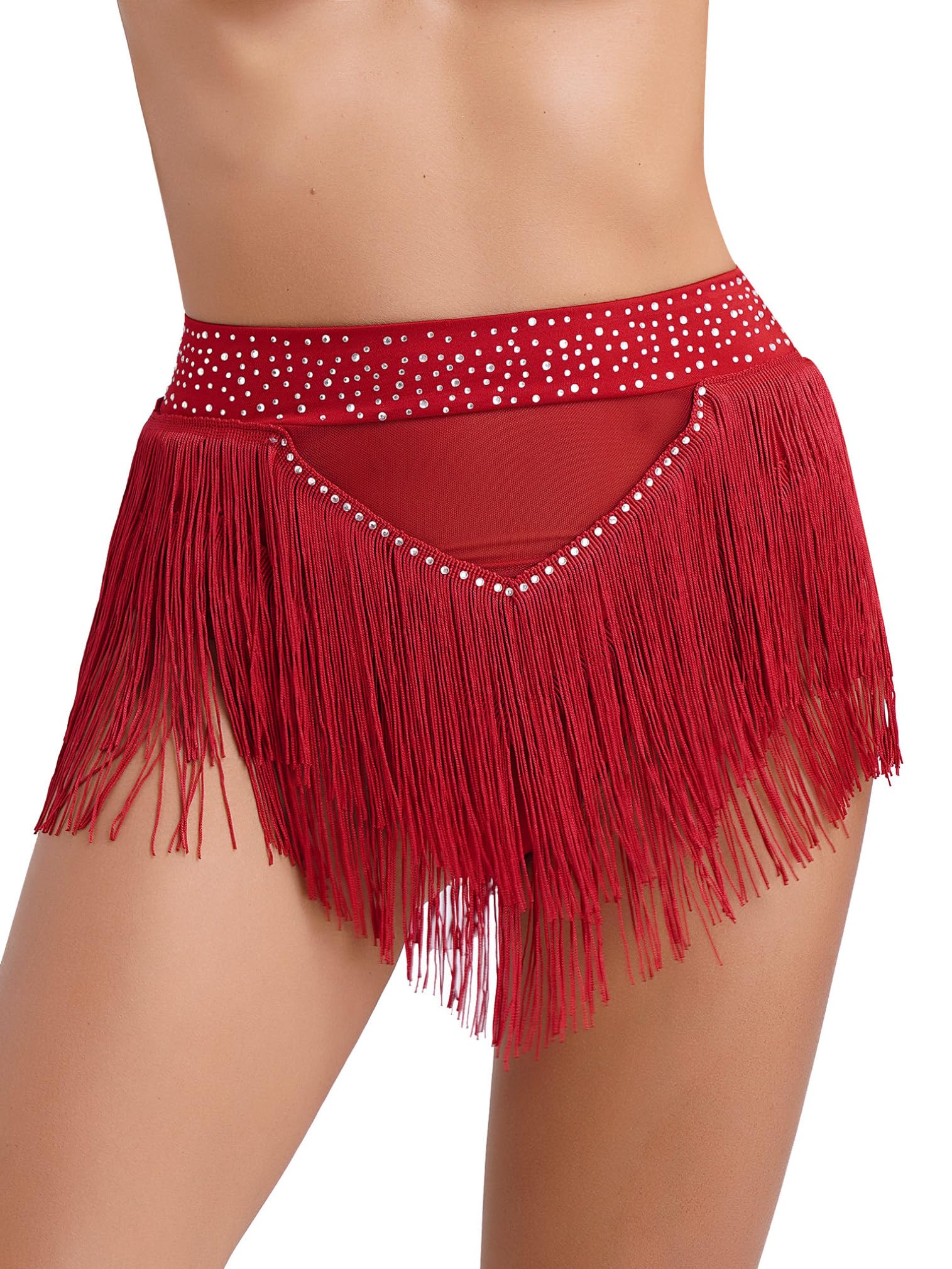 easyforever Women's High Waist Fringe Trim Shorts Rhinestone Belly Dance Samba Dancewear Bottoms Burgundy Medium