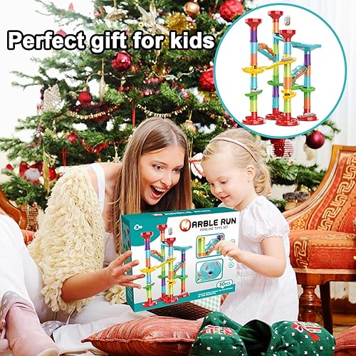 Miniatura 7 de Juego de 50 piezas de mármol de alta calidad, juguete educativo de bloques de construcción STEM, juego de carreras de pista de mármol con 15 canicas