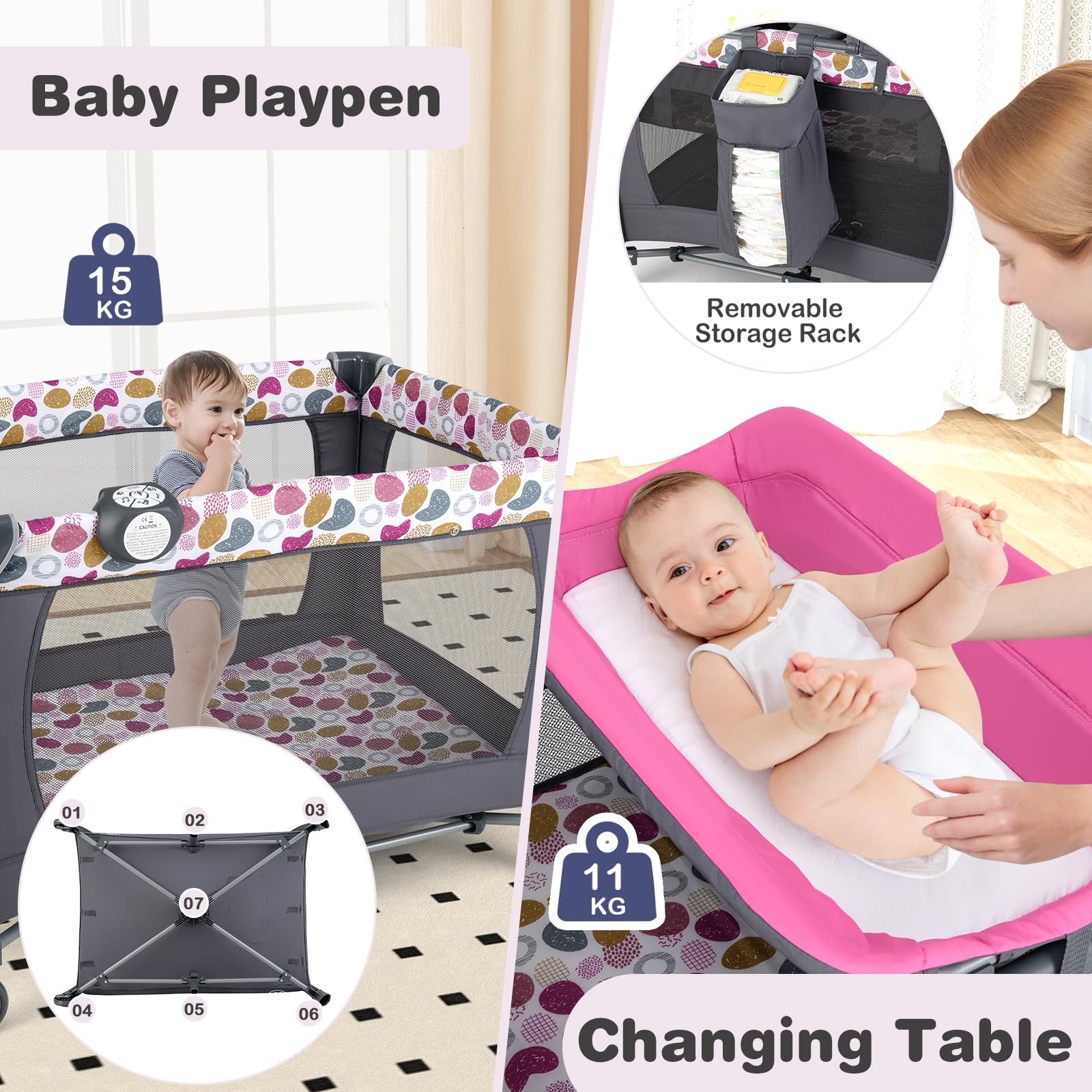 LIFEZEAL 5 en 1 Lit de Voyage Bébé, Lit Pparapluie avec Table à Langer, roulettes Verrouillables et Sac de Transport, Berceau Évolutif avec Boîte à Musique pour Bébé (Gris+Rouge Rose, 106x74x74cm)