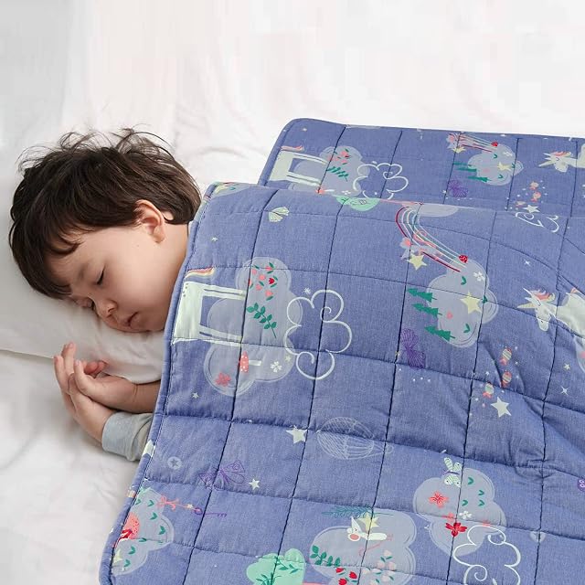 ROSMARUS Kids Weighted Blanket for Children (2.2kg, 122X91cm) ,100% Natural Cotton Heavy Blanket for Sleep Therapy,Anxiety Autism Stress Relief Quilted Throw with Safe Glass Beads, Unicorn-Blue