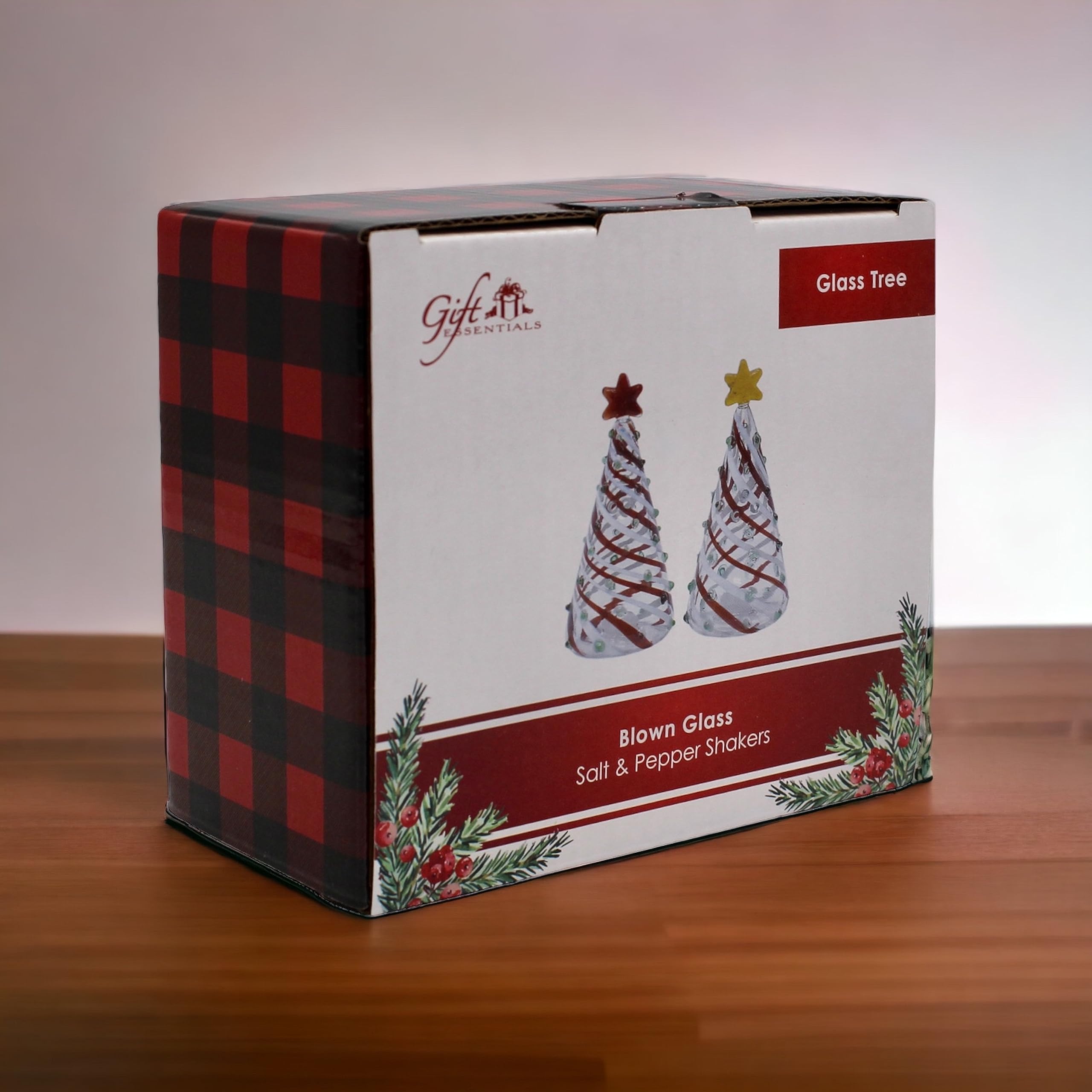 Gift Essentials Salero y pimentero de cristal soplado para árboles de Navidad, mini salero y pimentero de cristal soplado a mano, juego de salero y pimentero de Navidad transparente