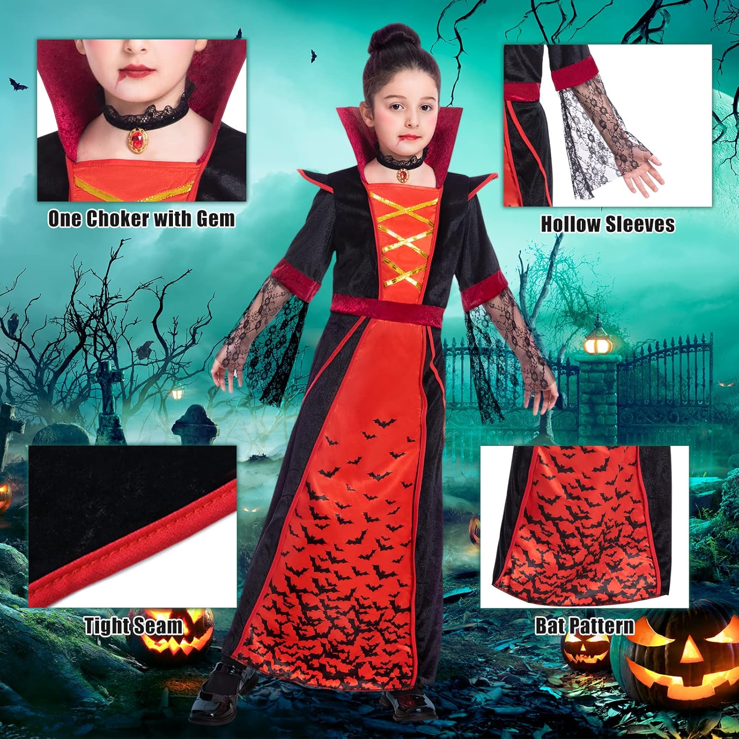 Miniatura 6 de Fooecor Halloween Vampire Costume for Girls Gothic Victorian Queen Dress Up Party Vampire-Themed Party with Vampire Fangs