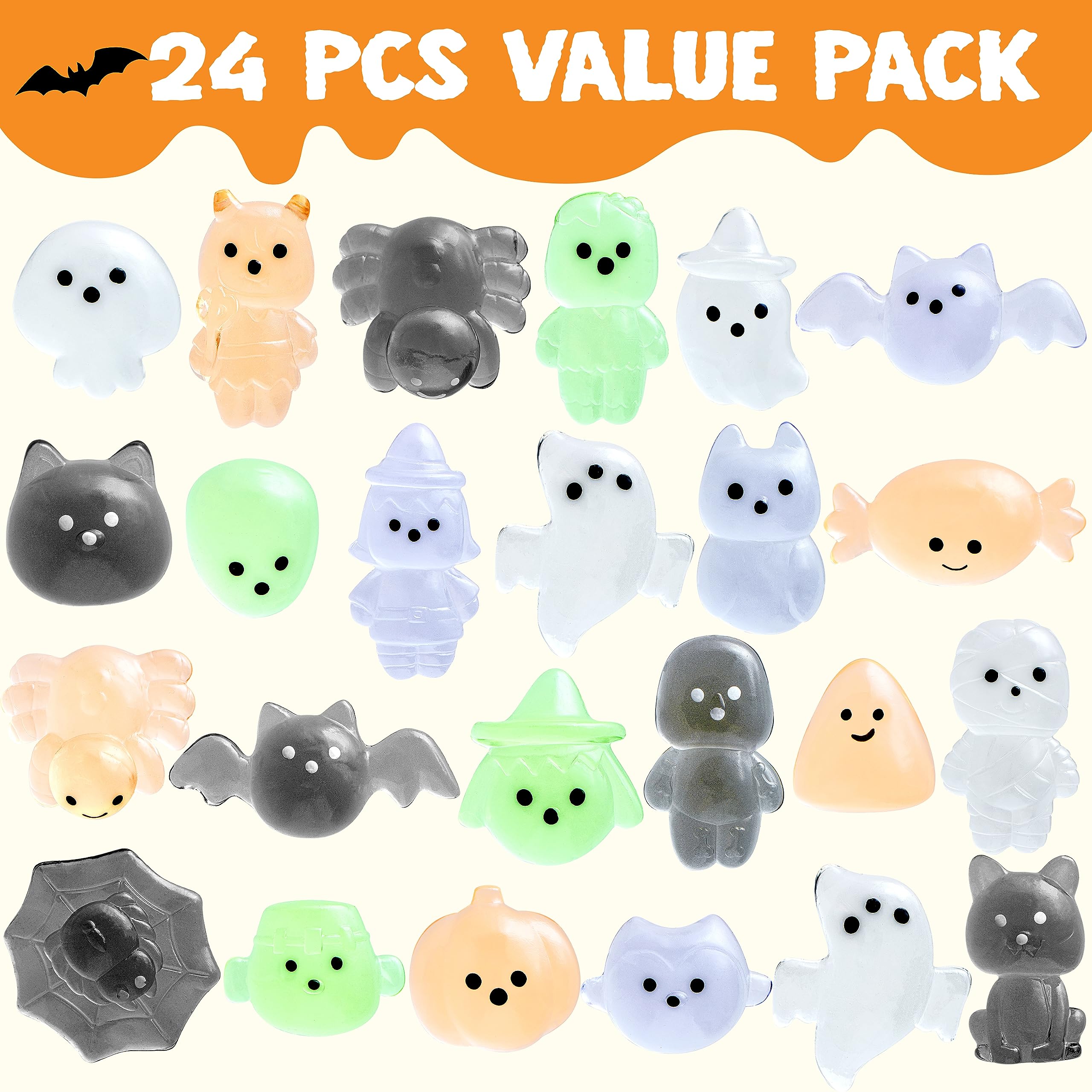 JOYIN 24 Stück Halloween-Mochi-Quetsch-Spielzeug, weiches Quetschspielzeug, niedliches Quetschspielzeug, Stressabbau-Spielzeug, Halloween-Partygeschenke für Kinder, Süßes oder Saures