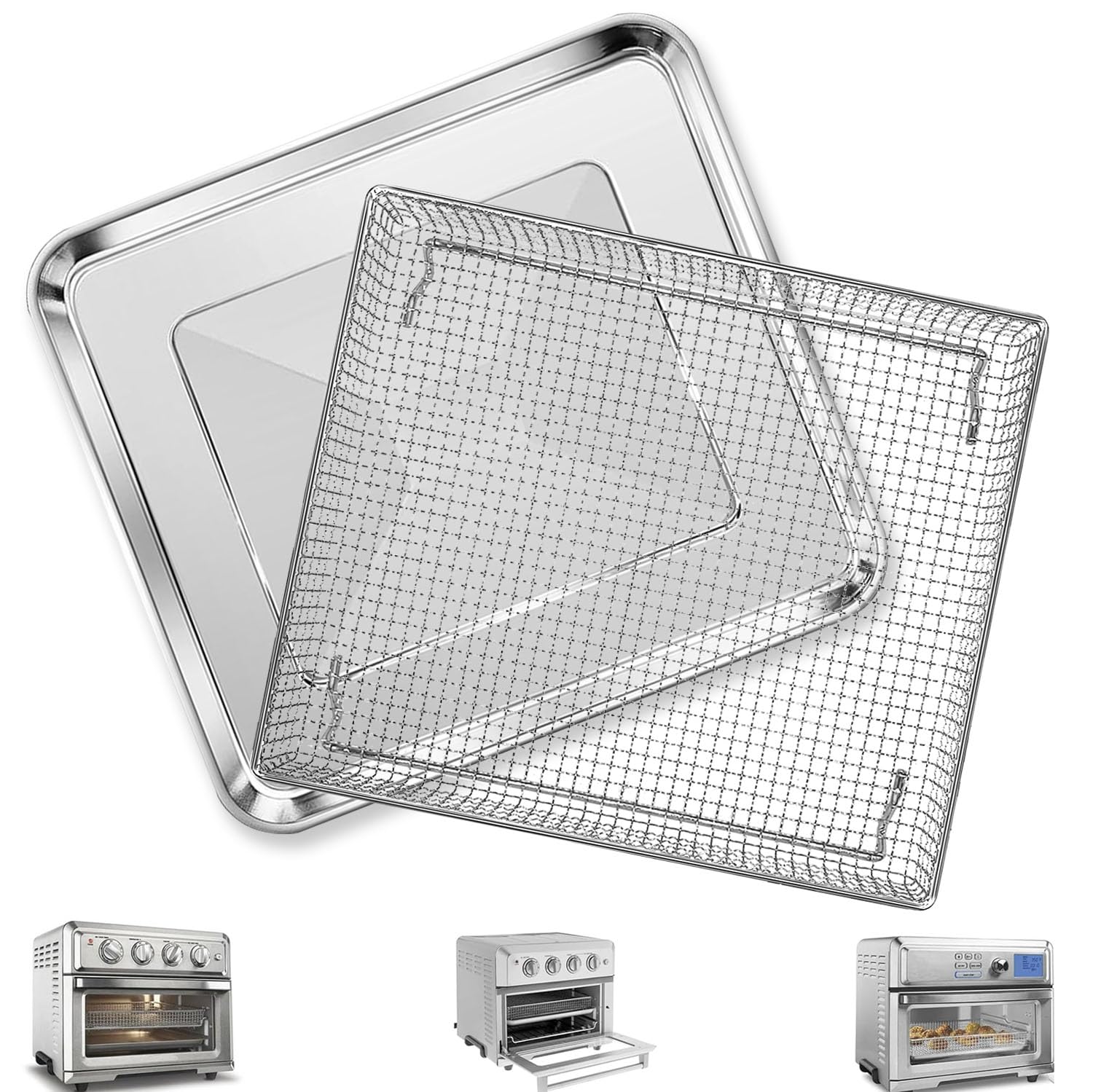 GCQ Cesto in Acciaio Inox per Friggitrice ad Aria, Padella Griglia, Sostituzione per Cuisinart Forno Mini ad Aria 7 in 1 17L TOA-60 65 70, Accessori in Rete, Lavabile in Lavastoviglie