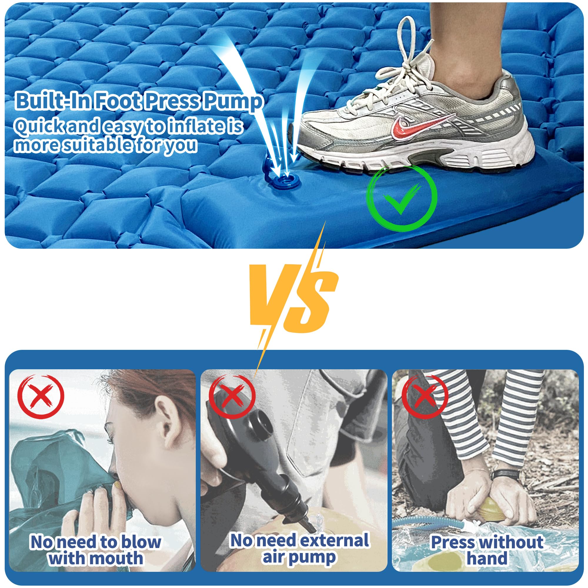Colchoneta de dormir doble para camping, colchoneta inflable ultraligera para 2 personas con almohada y bomba de pie integrada, colchón portátil de camping para tienda de campaña, mochilero