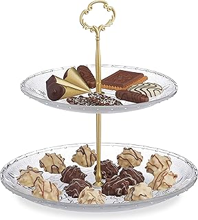 Relaxdays Alzata a 2 Piani, per Snack, Biscotti & Muffin, Rotondo, Vetro e Metallo, 26x25 cm, Vassoio, Oro/Trasparente
