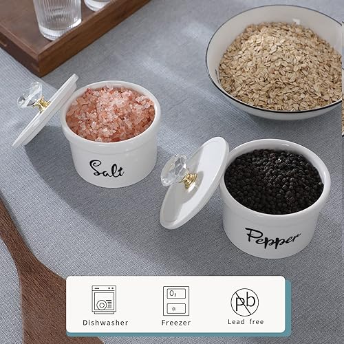Miniatura 7 de Cuencos de sal y pimienta con tapa de cristal recipiente de cerámica de sal de 125 onzas para encimera decoración de cocina de granja juego de 2