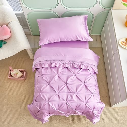Miniatura 3 de Juego de ropa de cama plisada de 4 piezas con flecos de volantes juego de sábanas unisex de color morado sólido para niños y niñas incluye edredón