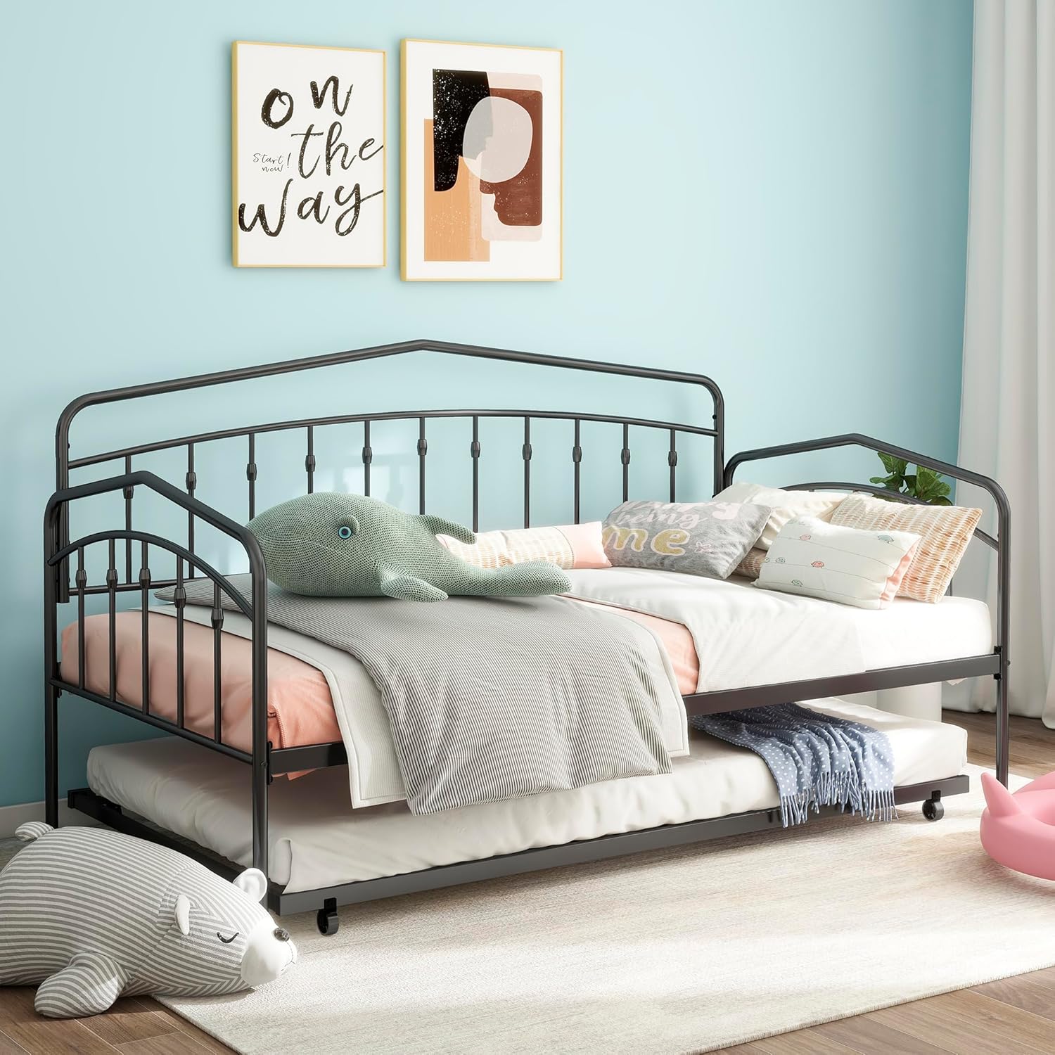 Twin Size Daybed with Trundle,Metal Day Bed Frame,Heavy Duty Trundle Bed Twin with Steel Slats for Living Room,Bedroom and Guest Room,Black