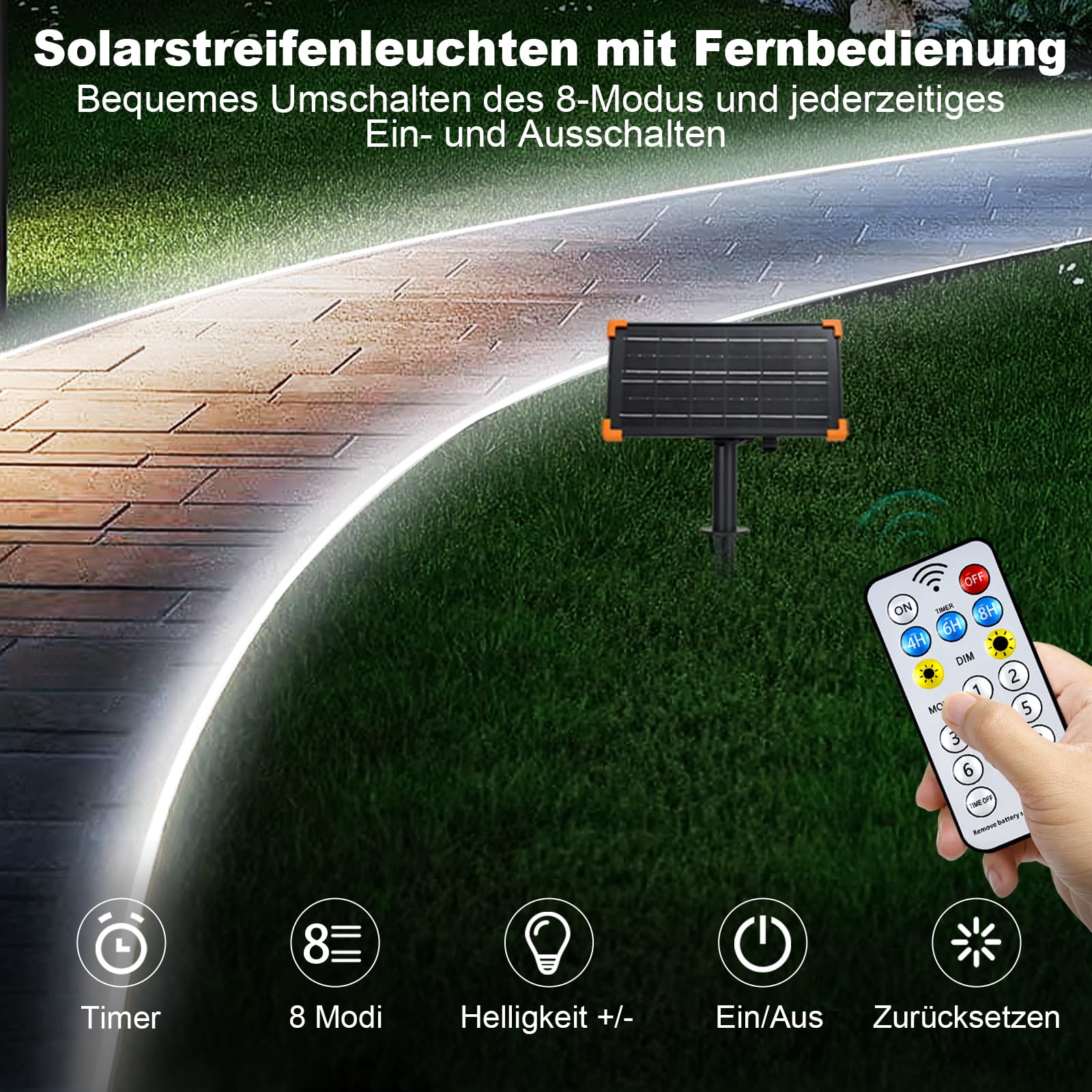 ZAIYW Zewnętrzna solarna taśma świetlna 15 m, wodoodporna taśma świetlna LED z timerem 8 trybów automatycznego włączania/wyłączania do dekoracji patio (zimna biel)
