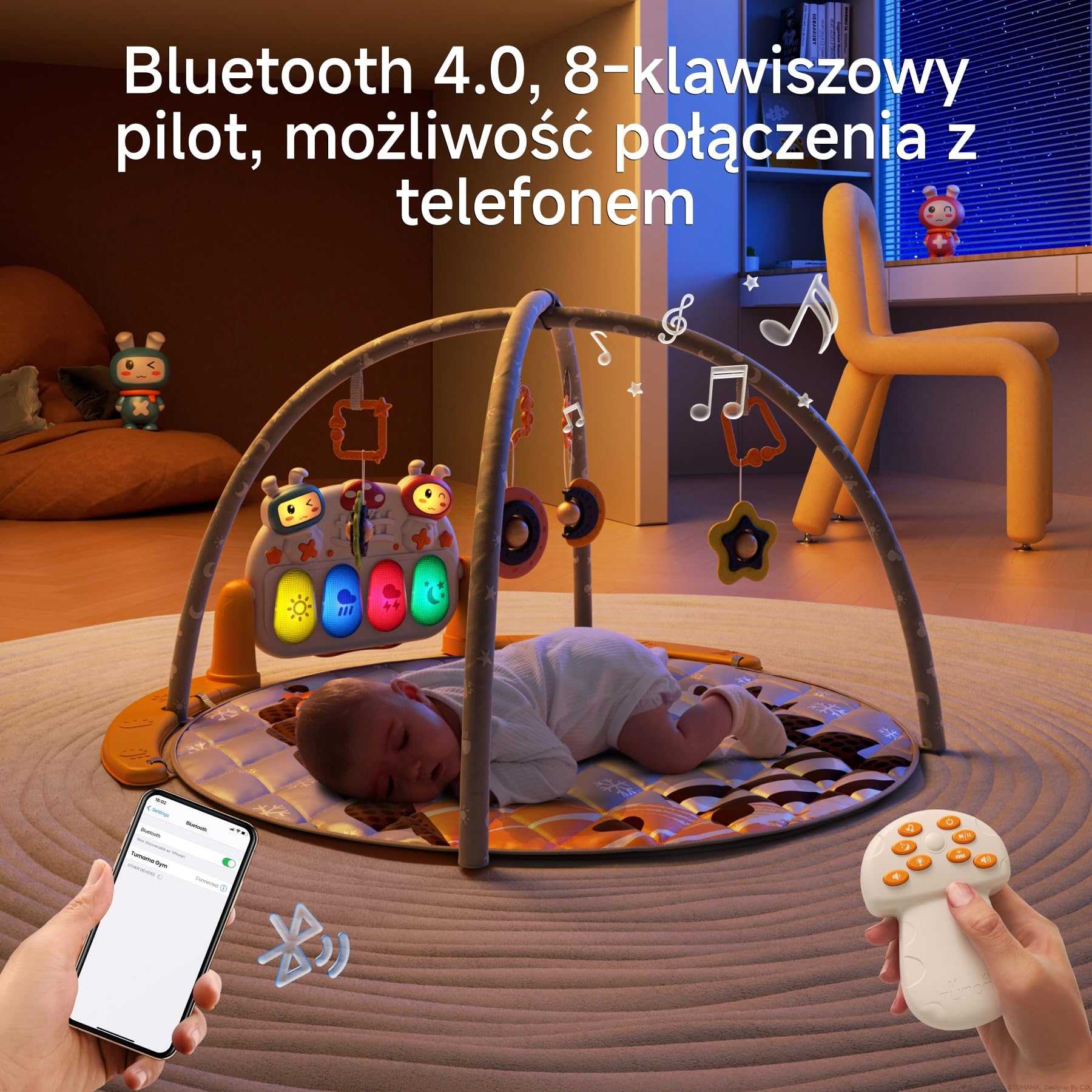 TUMAMA KIDS 4-w-1 Mata Aktywności Dla Niemowląt, Mata Aktywności Z Pianinkiem Dla Niemowląt, 70+ Dźwięków, 25+ Min Muzyki i Światła, Łuk Aktywności Gra, Zabawki Dla Niemowląt 0 1 3 6 Miesięcy