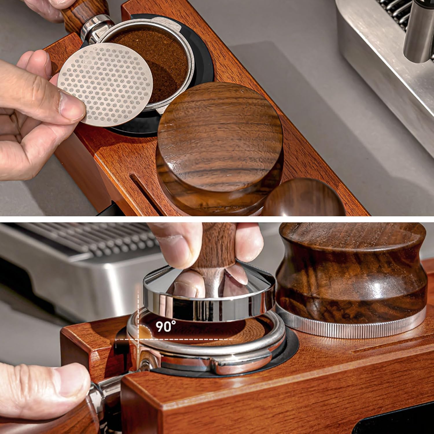 Espresso Tamping Station Wooden Coffee Tamper Station Fit for 51, 54, 58MM Espresso Accessories, Espresso Tamper Holder for Coffee Tamper Distributor Portafilter with Espresso Stirrer, Coffee Brush