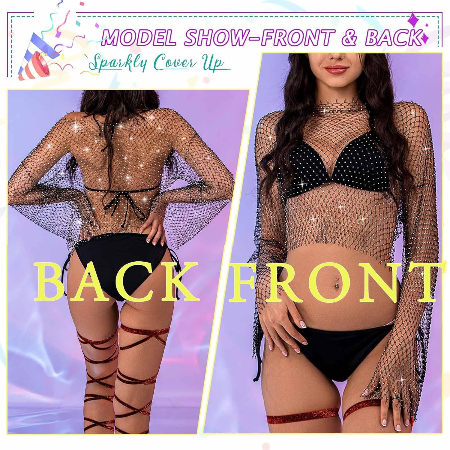 Yokawe Fishnet See Through Crop Top Long Sleeve Black Rhinestone Mesh Glitter Festival Top for Women - Image 5