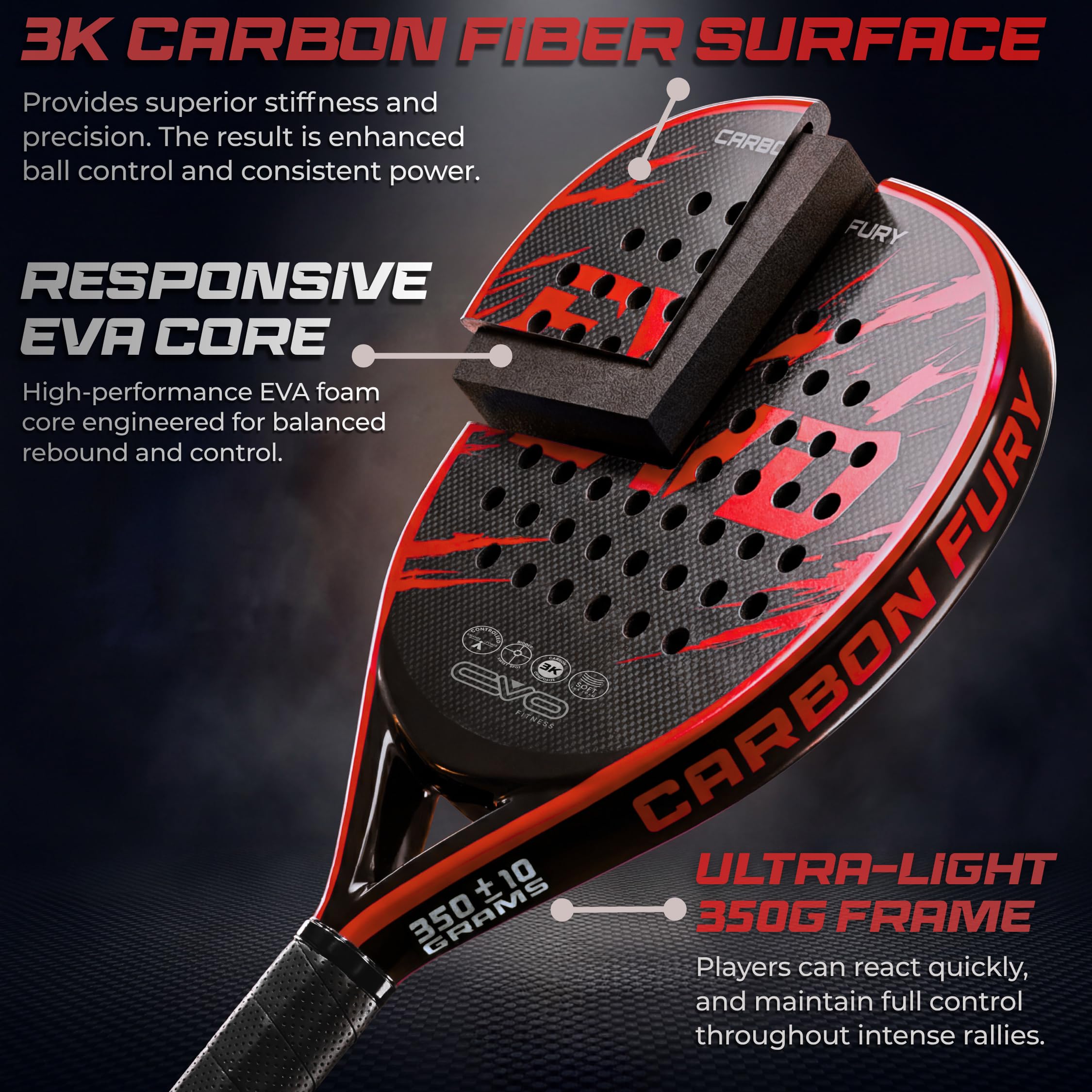 EVO Fitness Racchetta da padel in fibra di carbonio – Nucleo in schiuma EVA morbida per il massimo controllo – 350 g leggero racchetta da paddle per adulti – Extra Large 525 cm² superficie della testa