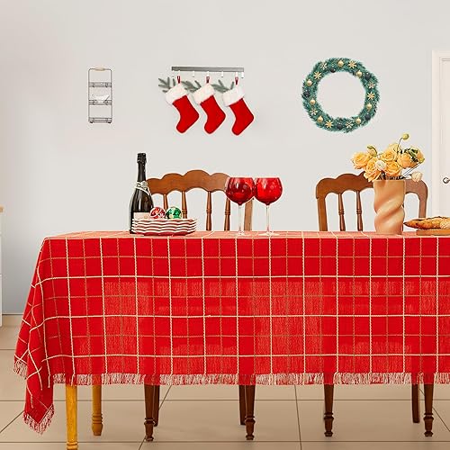 Midsummer Breeze Mantel rectangular de Navidad, de algodón rústico, con flecos, para vacaciones, cocina, comedor (55 x 84 pulgadas, cuadros rojos)