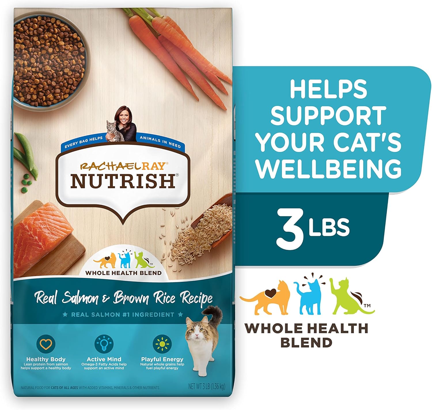 Rachael Ray Nutrish Premium Natural Dry Cat Food with Added Vitamins, Minerals & Other Nutrients, Real Salmon & Brown Rice Recipe, 3 Pound Bag
