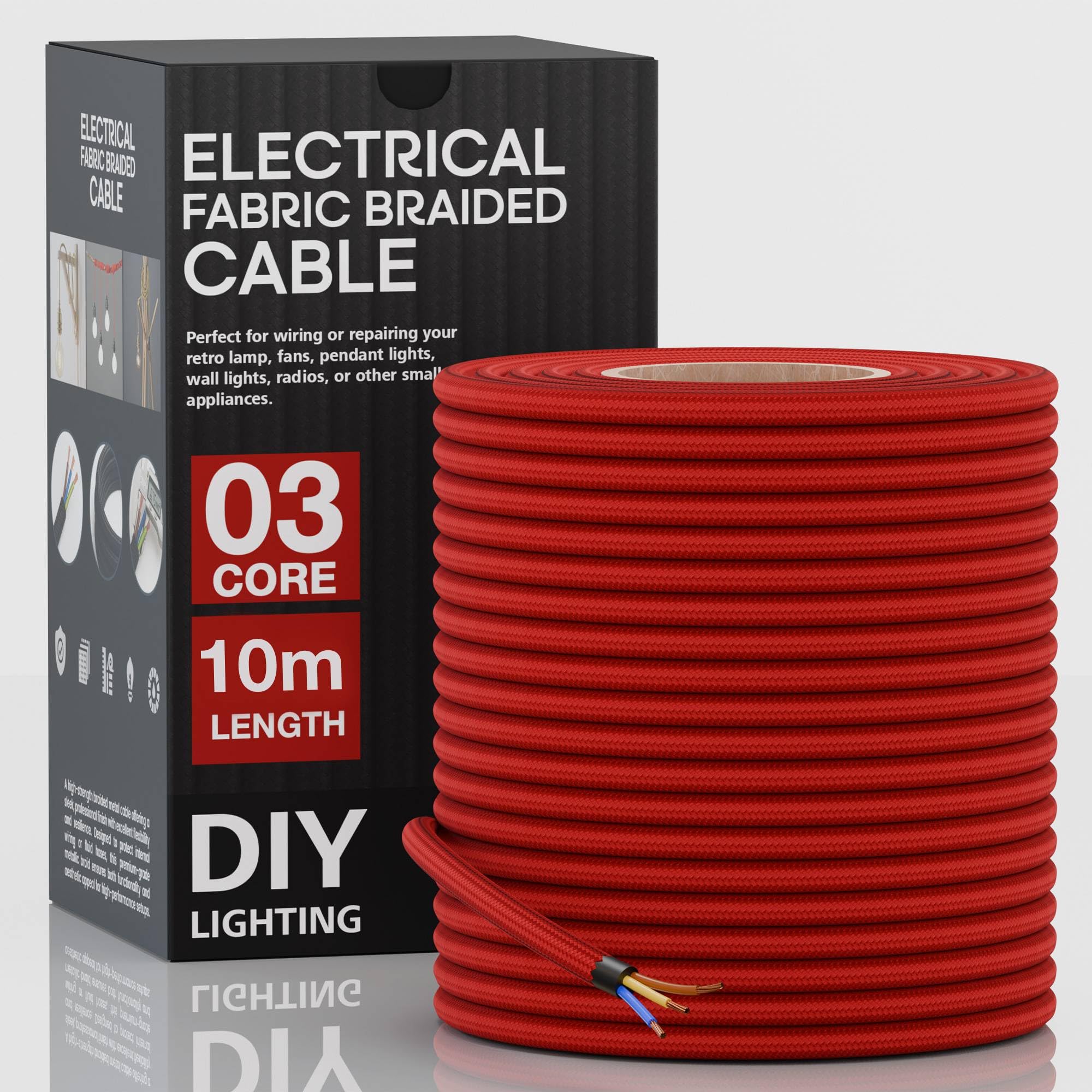 LEDSone 10 Meter 3 Core Electrical Round Wire Industrial Pendant Light Wires Flexible Round Electrical Cord Fabric Covered Lamp Wire for Earthed Pendant Lights with Durable & Stylish (Red)