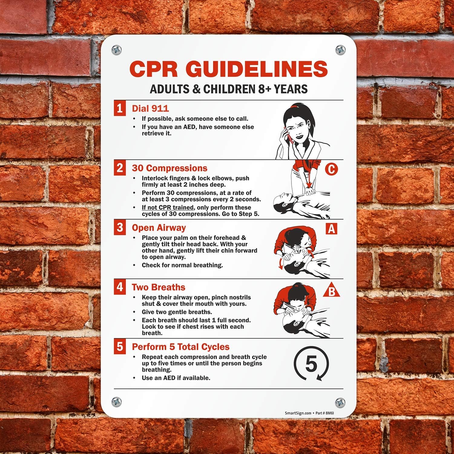 SmartSign "CPR Guidelines - Adults & Children 8+ Years" Sign | 12" x 18" Aluminum