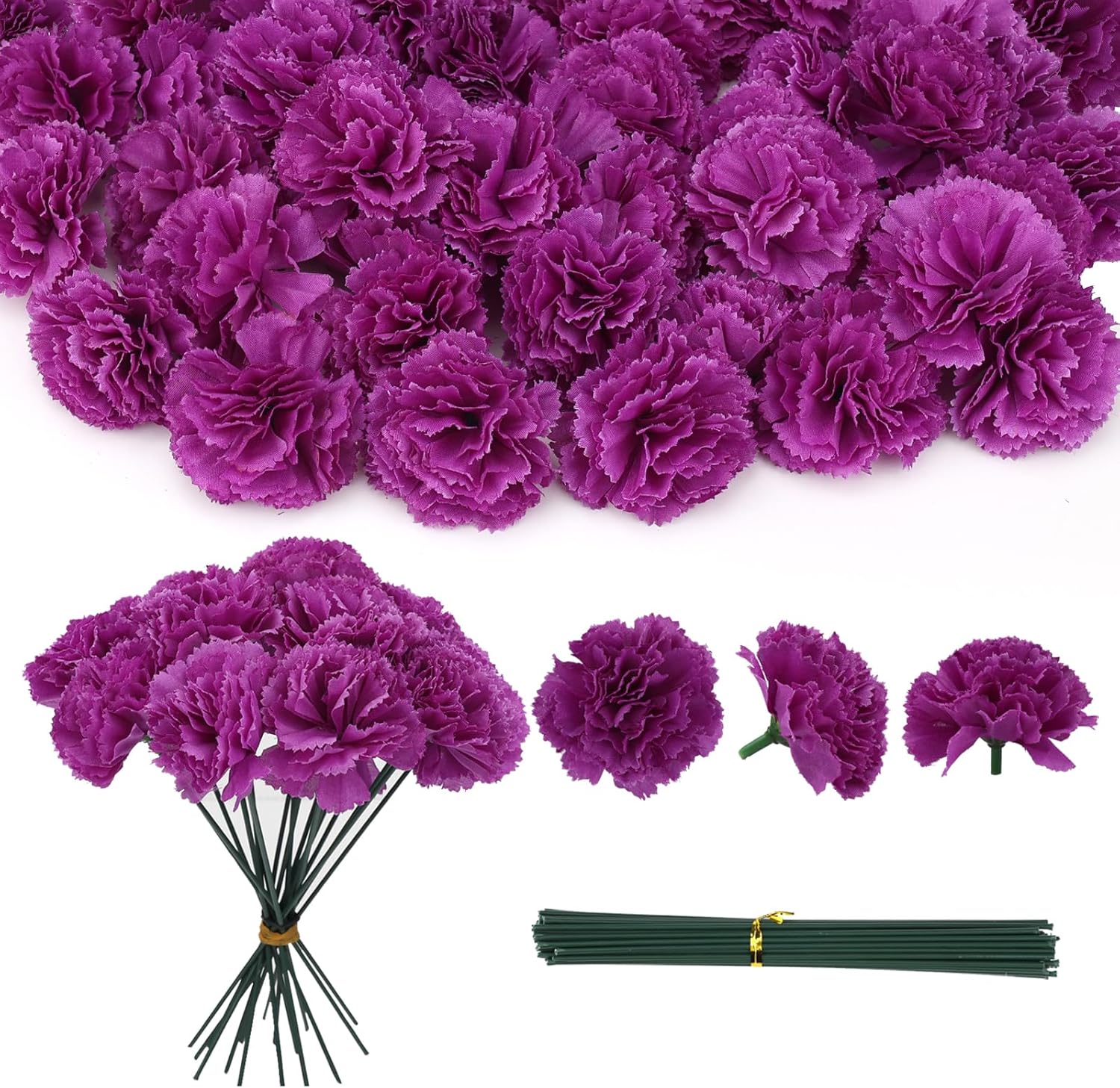50 Pieces Silk Marigold Flower Heads Bulk, Purple Marigold Heads with Stems Fake Flowers for Dia De Los Muertos Decor DIY Marigold Garland Diwali Halloween Home Decor