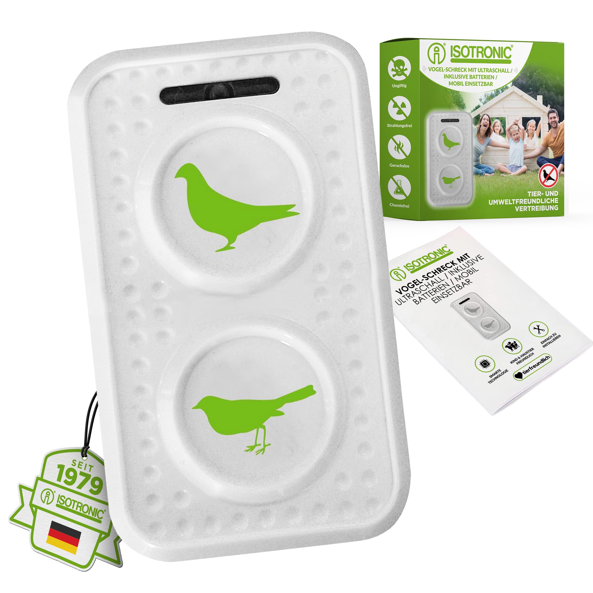 ISOTRONIC Ultraschall Vogelabwehr zum Vertreiben von Tauben, Spatzen, Möwen & Krähen – batteriebetriebener Vogelschreck für Balkon, Dach & Garten – Taubenabwehr mit 50m² Wirkungsbereich (1 Stück)
