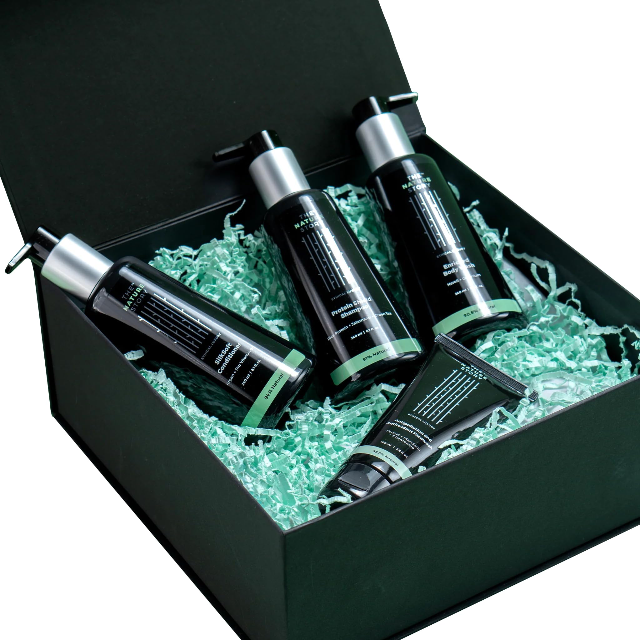 The Nature's Story Ethical Luxury Natural Bath Gift Box | Antipollution & Antioxidant Face Wash (100 ml), Enriched Body Wash (240 ml), Protein Shield Shampoo (240ml) & SilkSoft Conditioner (240ml).-image-6
