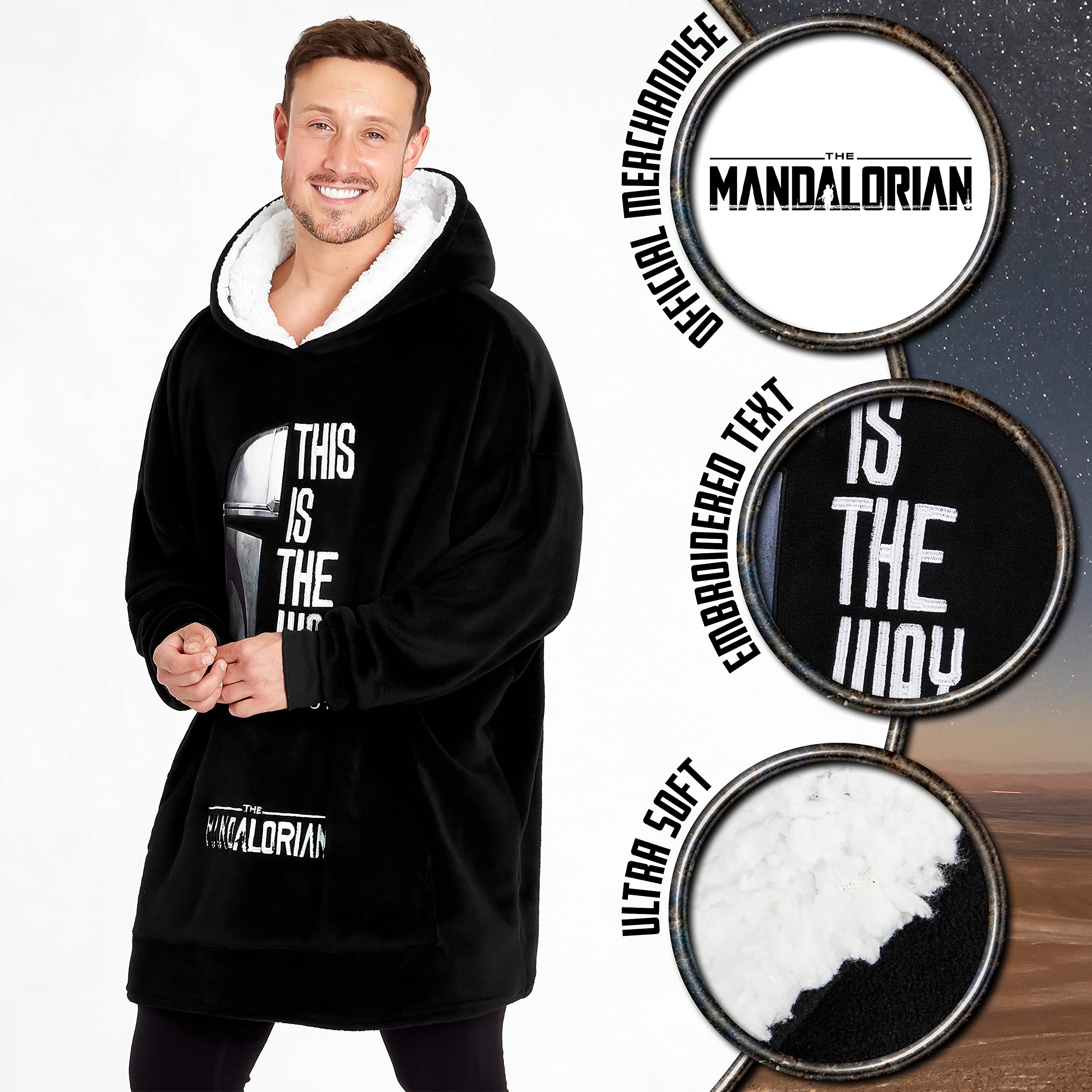 Disney Męska bluza z kapturem The Mandalorian, polarowa, oversize'owa bluza z kapturem Baby Yoda (Czarna/Biała)