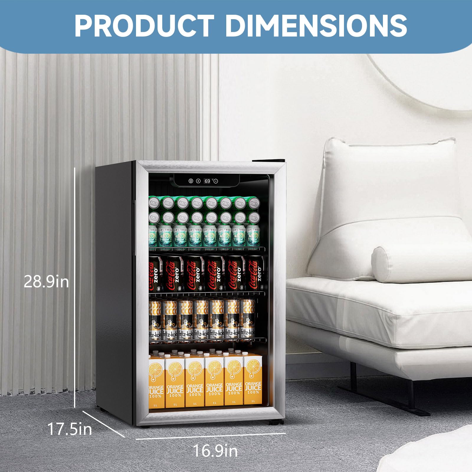 Stopsad Compact Beverage Refrigerator Cooler, 105 Can/3.0 Cubic Feet Mini Fridge with Glass Front Door, Digital Display Small Refrigerator with Adjustable Shelves for Soda, Beer or Wine