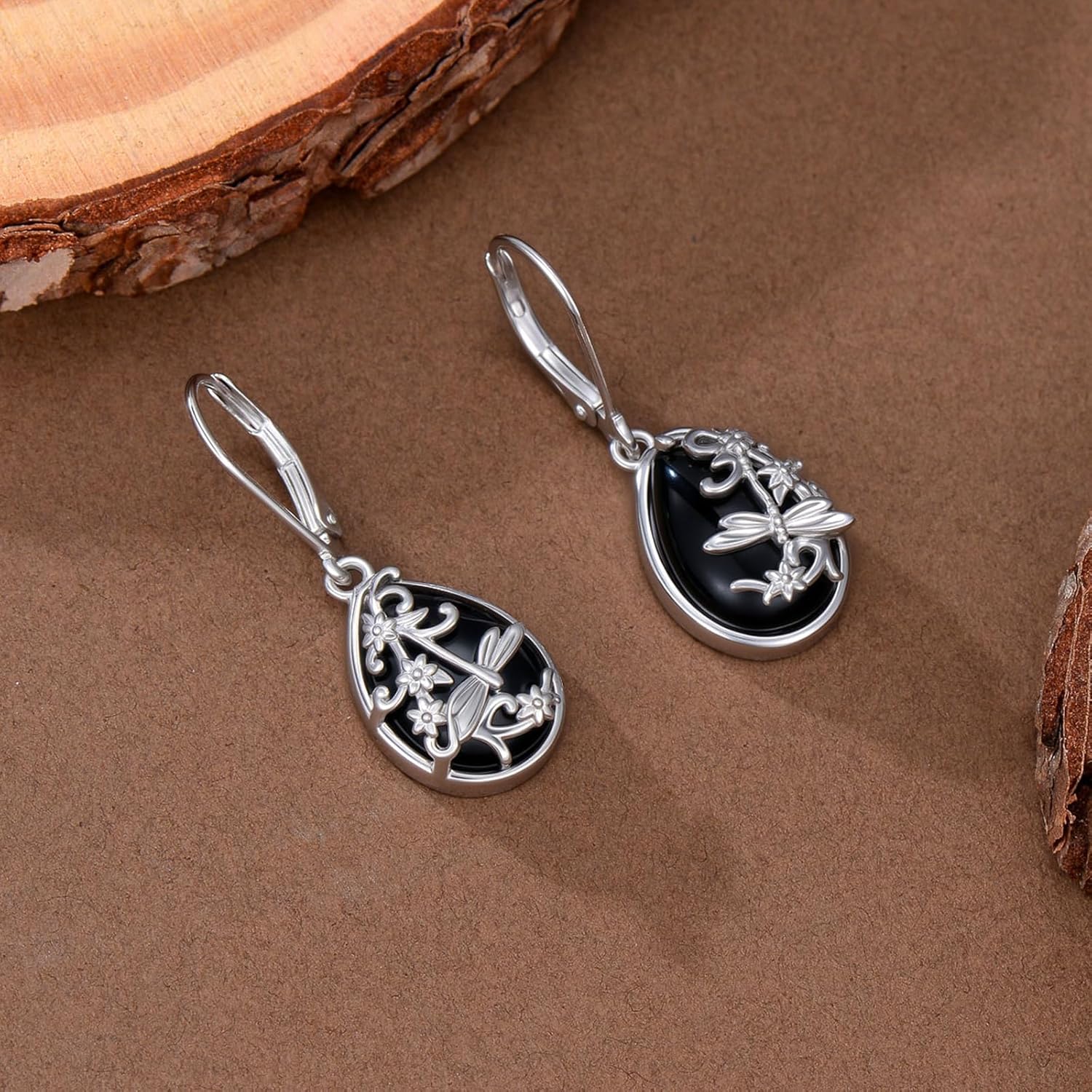 Black Onyx/Moonstone Earrings for Women 925 Sterling Silver Filigree Butterfly Dragonfly Dangle Drop Earrings Leverback Black Onyx Jewelry Gift for Girlfriend Wife Daughter - Image 3