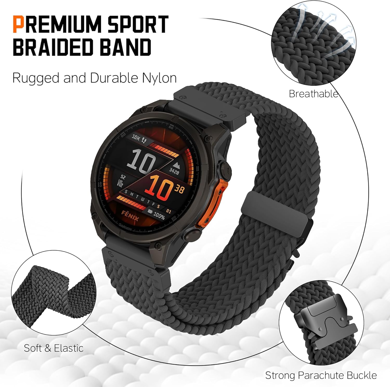 Laband QuickFit 26mm Stretchy Braided Compatible with Garmin Fenix 8 51mm Watch Band/7X/7X Pro/6X Pro/6X/5X/5X Plus/3/2X, Parachute Buckle Elastic Nylon Strap for Instinct 2X/Enduro 3/Descent MK1 - Image 3