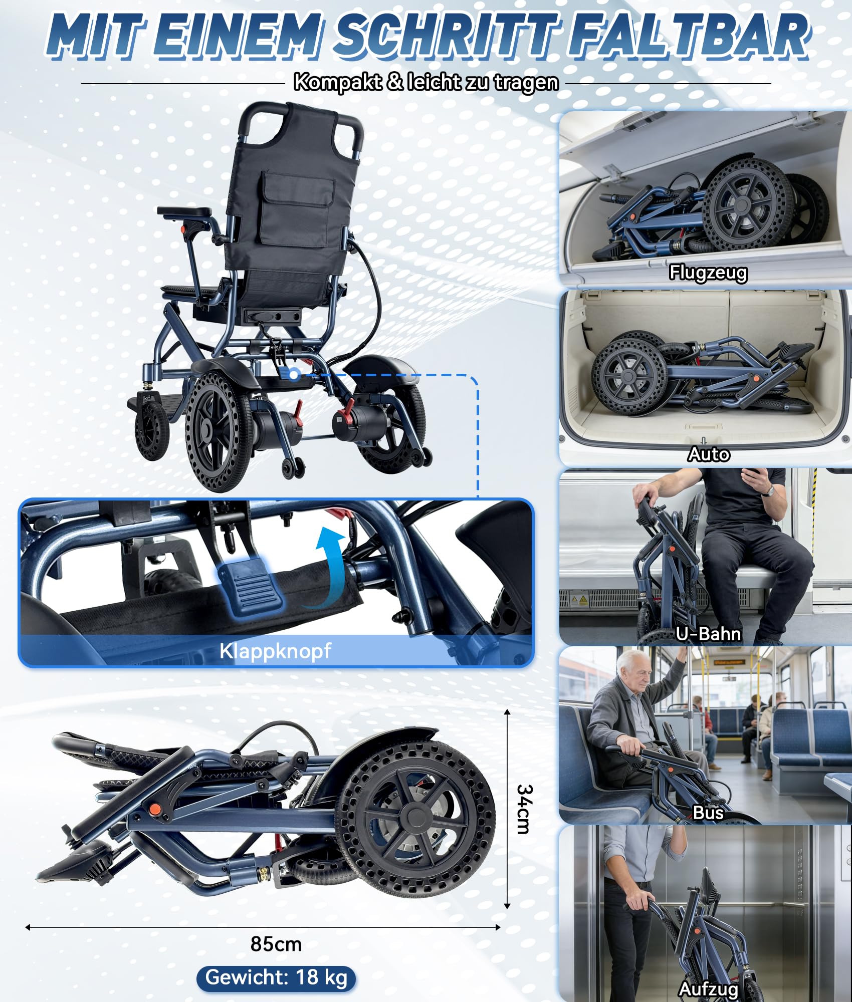 Silla de ruedas eléctrica plegable, capacidad de carga de 170 kg, silla de ruedas eléctrica ligera con doble control, motor de 500 W y freno electromagnético para personas mayores, batería de litio de