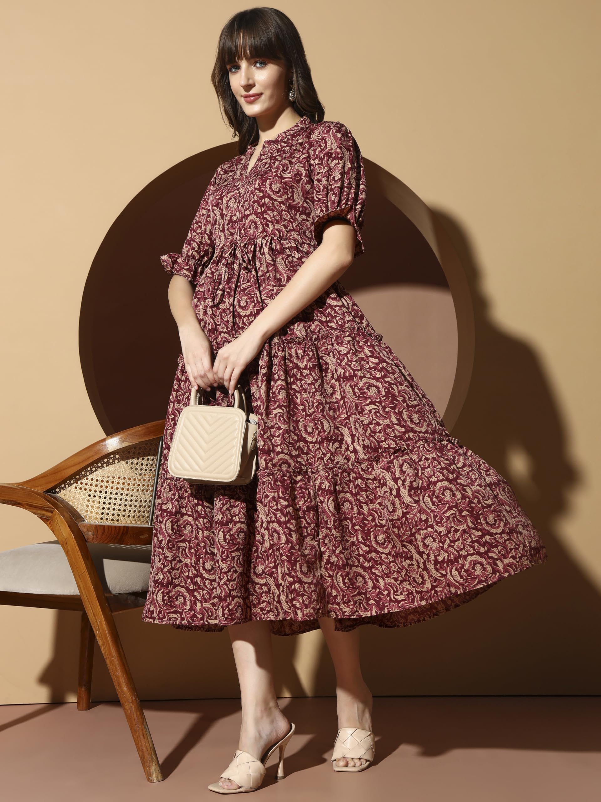 KZULLY Vestido para mujer | Vestido midi | estampado floral | tela de poliéster | Manga acampanada étnica | Ajuste escalonado y acampanado | Casual y festivo