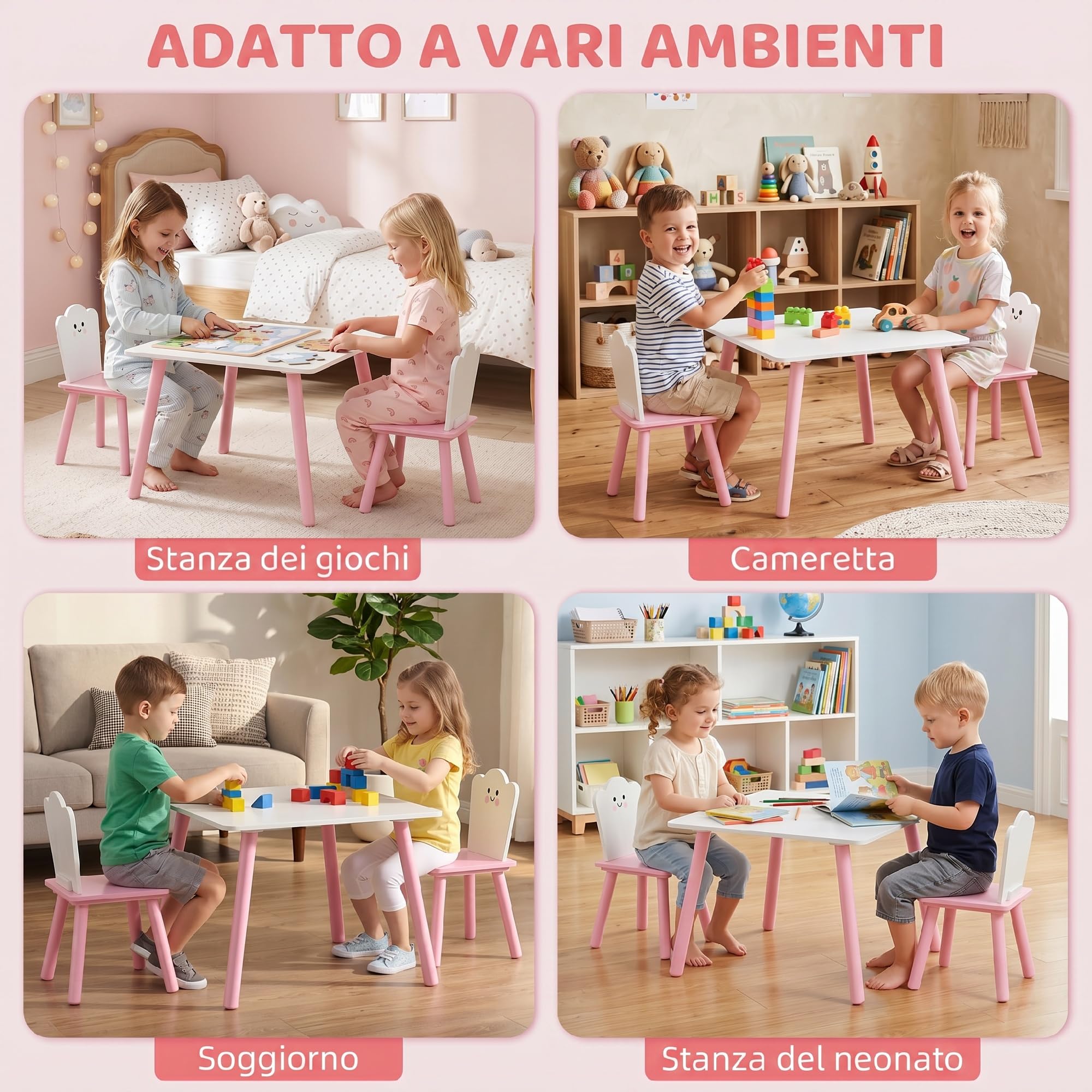 AIYAPLAY Set Tavolo e 2 Sedie per Bambini 3-6 Anni Zucchero Filato Rosa | Legno di Pino e MDF, Tavolino per Bambini con Sedie, Angoli Arrotondati, per Cameretta