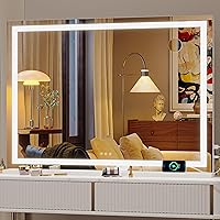 Vista 39 de Hasipu - Espejo de tocador con luces LED y altavoz Bluetooth, espejo iluminado de maquillaje de 32 x 22 pulgadas, con 3 modos regulables, puerto