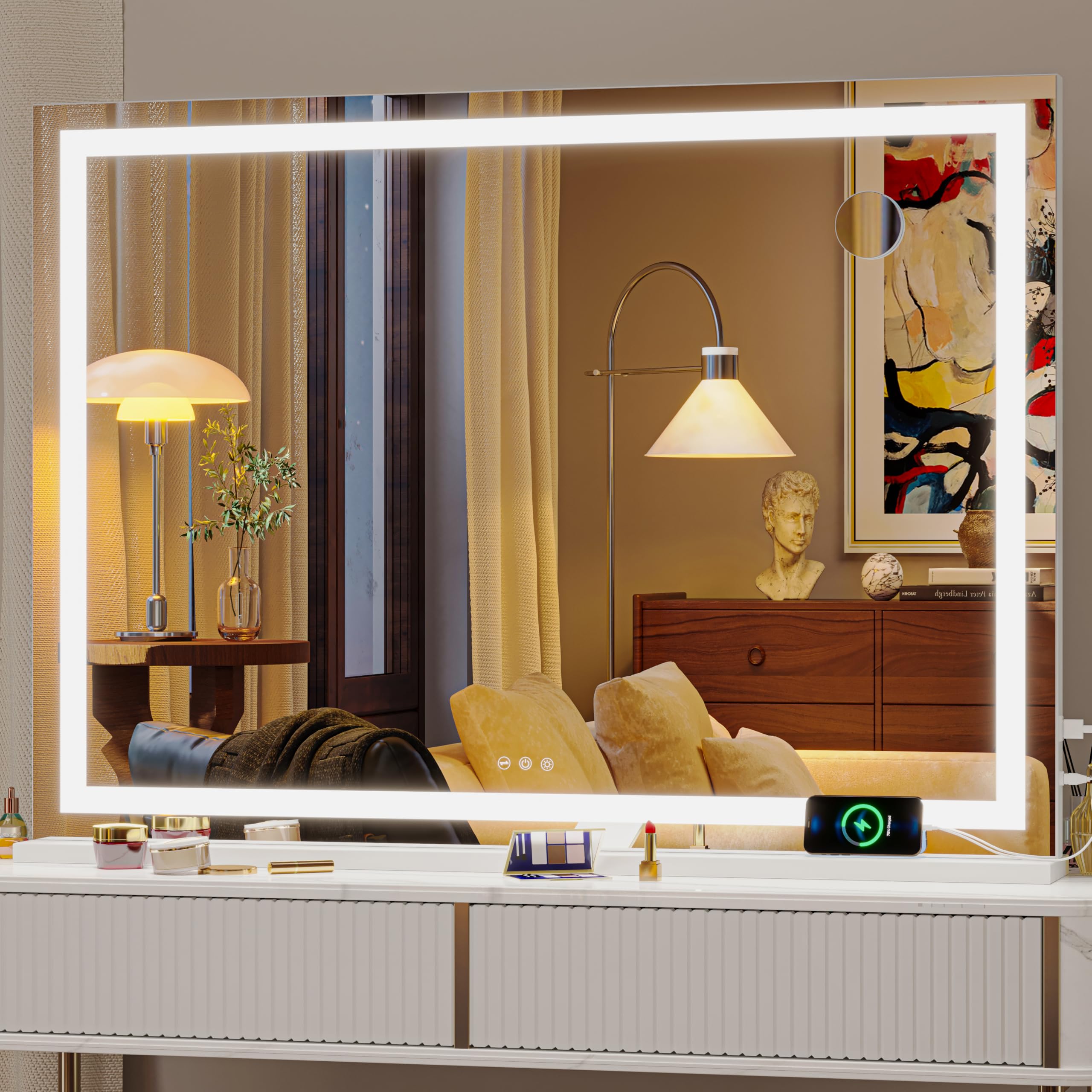 Hasipu Vanity Mirror with Lights,105 x 75cm LED Makeup Mirror, Lighted Makeup Mirror with Dimmable 3 Modes, Touch Screen Control Vanity Mirrors Square White