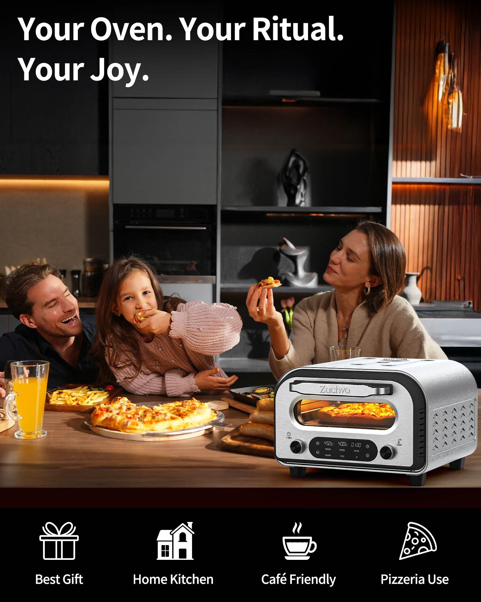Elektrischer Pizzaofen - bis 450℃, 5 voreingestellte Pizzaarten, 1-60 Min Timer, Touchscreen & Drehregler, Edelstahlgehäuse, für 32cm Pizza, inkl. Pizzastein, Pizzaschieber, Rezeptbuch, Schwarz