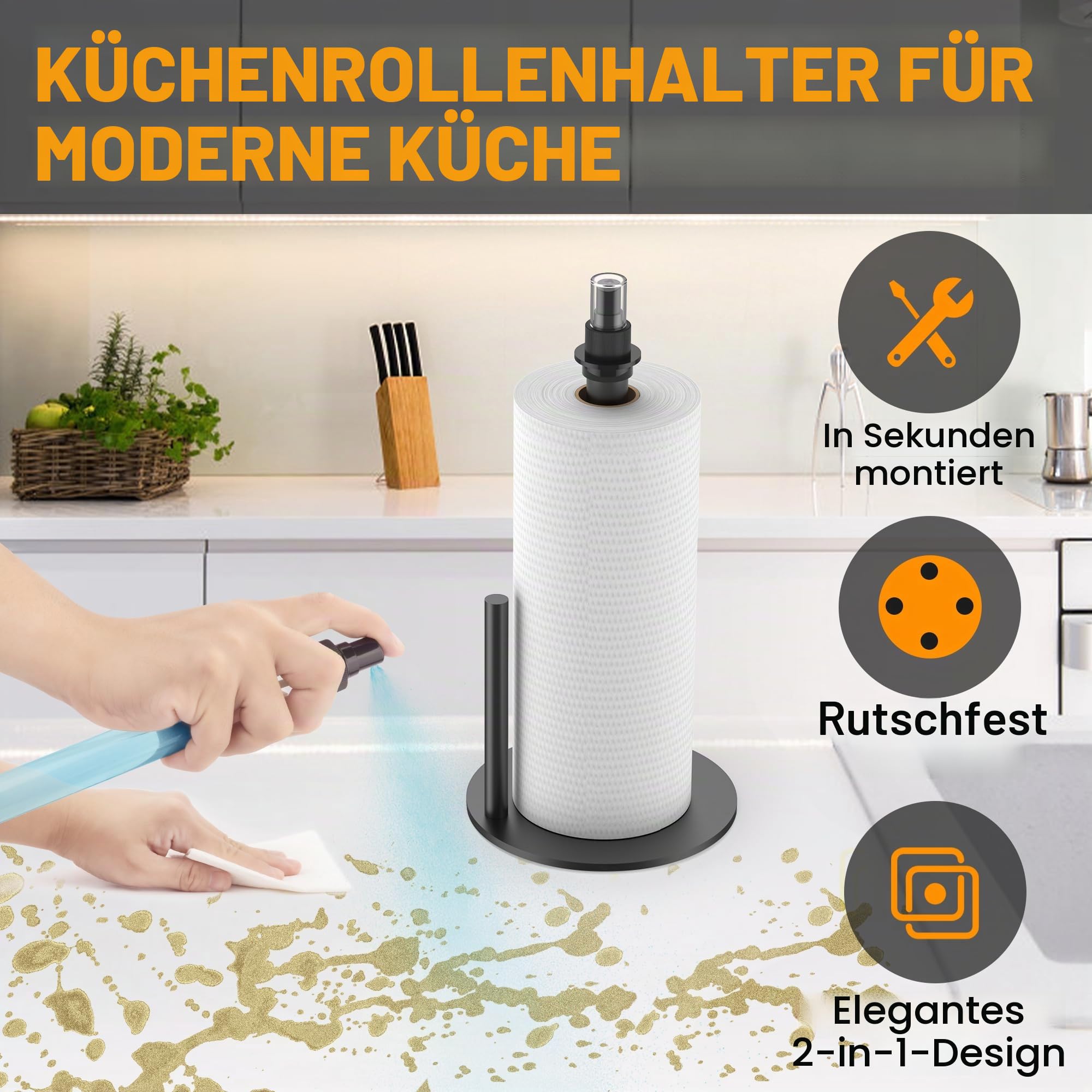 Papierhandtuchhalter mit Sprühflasche, Papierhandtuchspenderständer für die Arbeitsplatte mit Sprüher in der Mitte, Papierhandtuchhalterständer aus Edelstahl mit Sockel - Silber