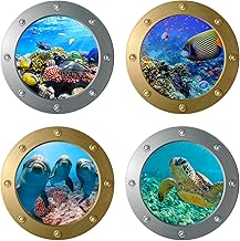 4 Pieces 3D Marine Life Wall Stickers, 3D Underwater Window Decorative, Marine Life Wall Dolphin Window Tile Porthole Decor for Bedroom Living Room Bathroom