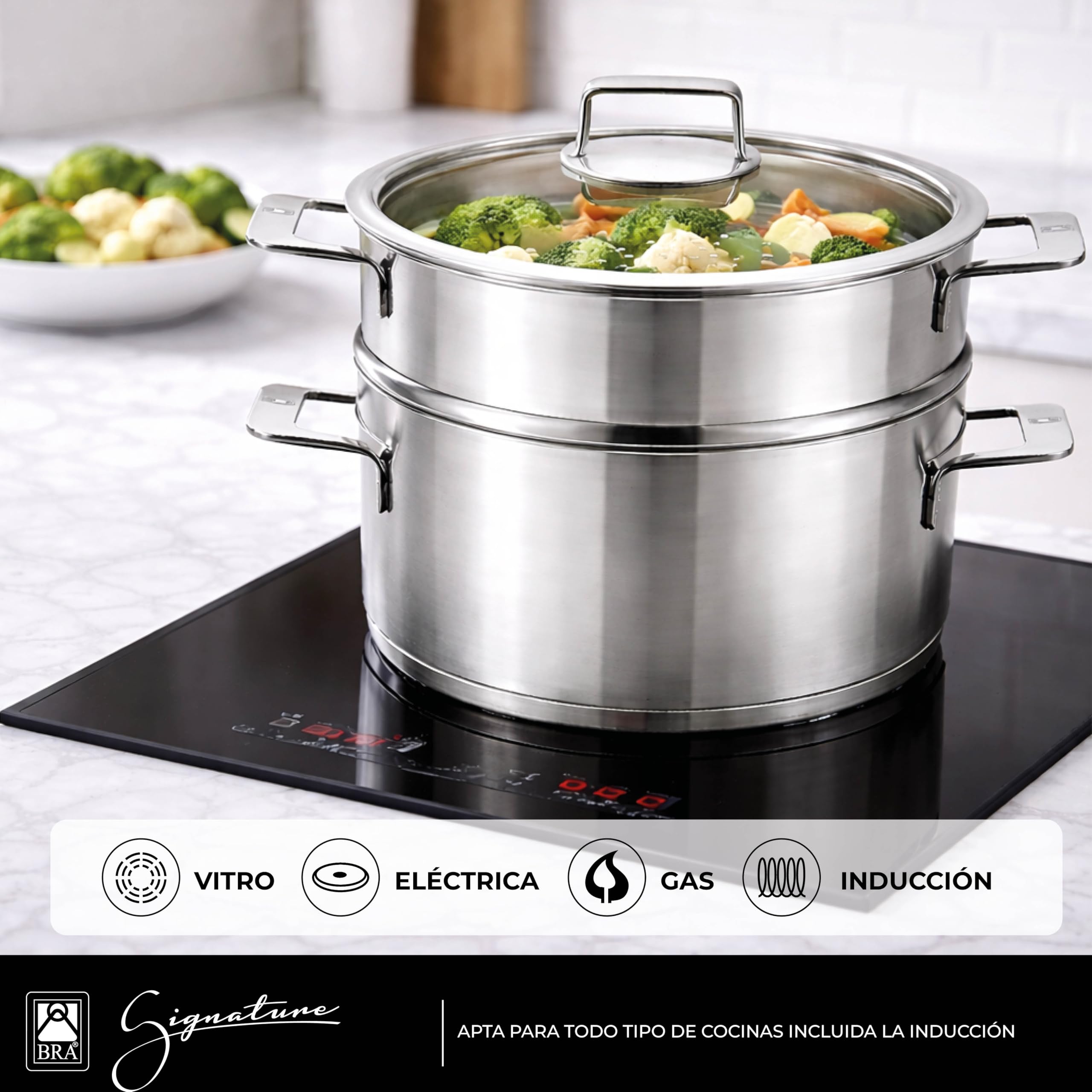 BRA Signature | Set cocina al vapor 24 cm con tapa, Acero Inoxidable 18/10 | Sin antiadherente, Cacerola 24 cm con Vaporera y Tapa de vidrio, 3, 75L, apta para inducción, triple fondo full induction