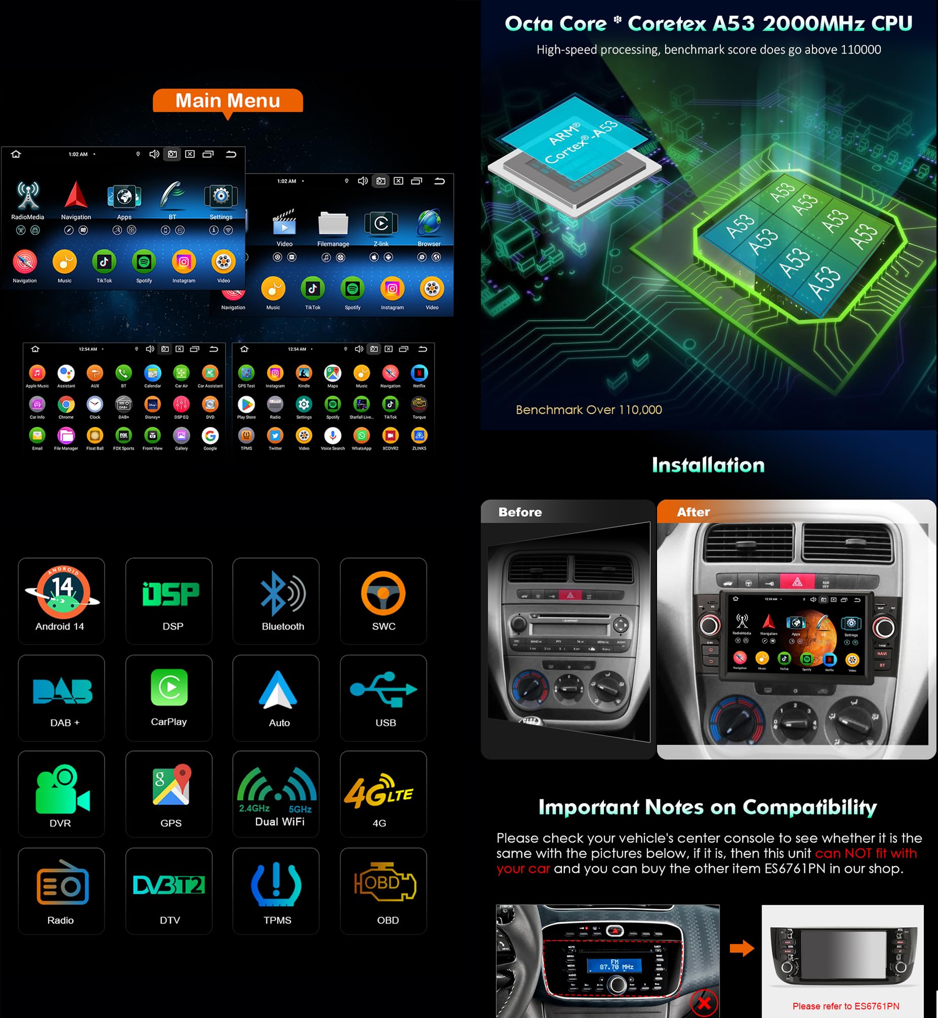 Android 14 8-Core 4GB+64GB Autoradio GPS Navigatore per Fiat Grande Punto Linea Supporta Bluetooth 5.0 Wireless CarPlay Android Auto WiFi 4G DSP RDS Canbus 7 pollici Touchscreen