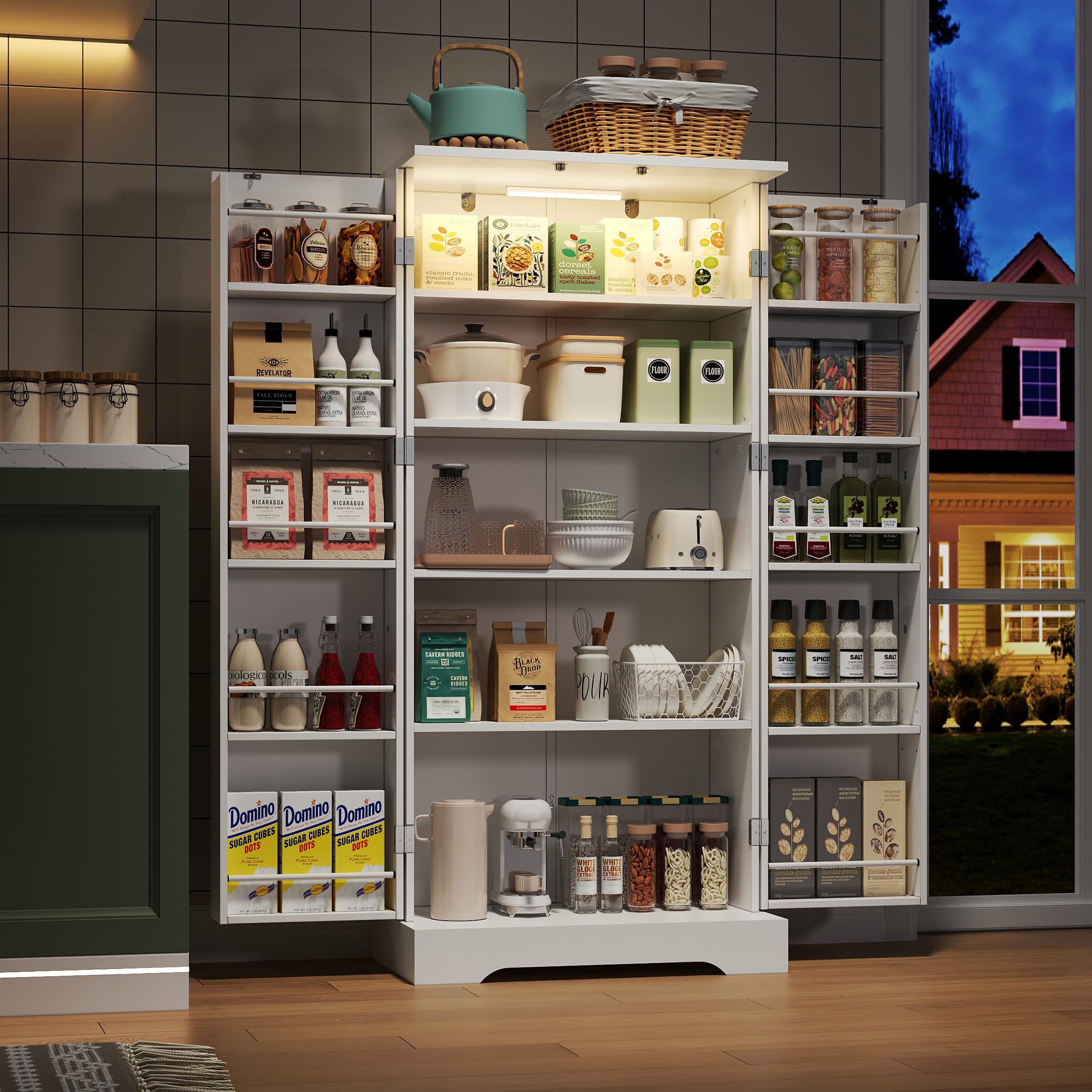 soges Multifunktionaler Küchenschrank Doppeltür mit Staufach mit LED-Sensorleuchte 60×35×128cm, Höhenverstellbaren Einlegeböden, Geeignet für Küche, Wohnzimmer und Esszimmer, Weiß