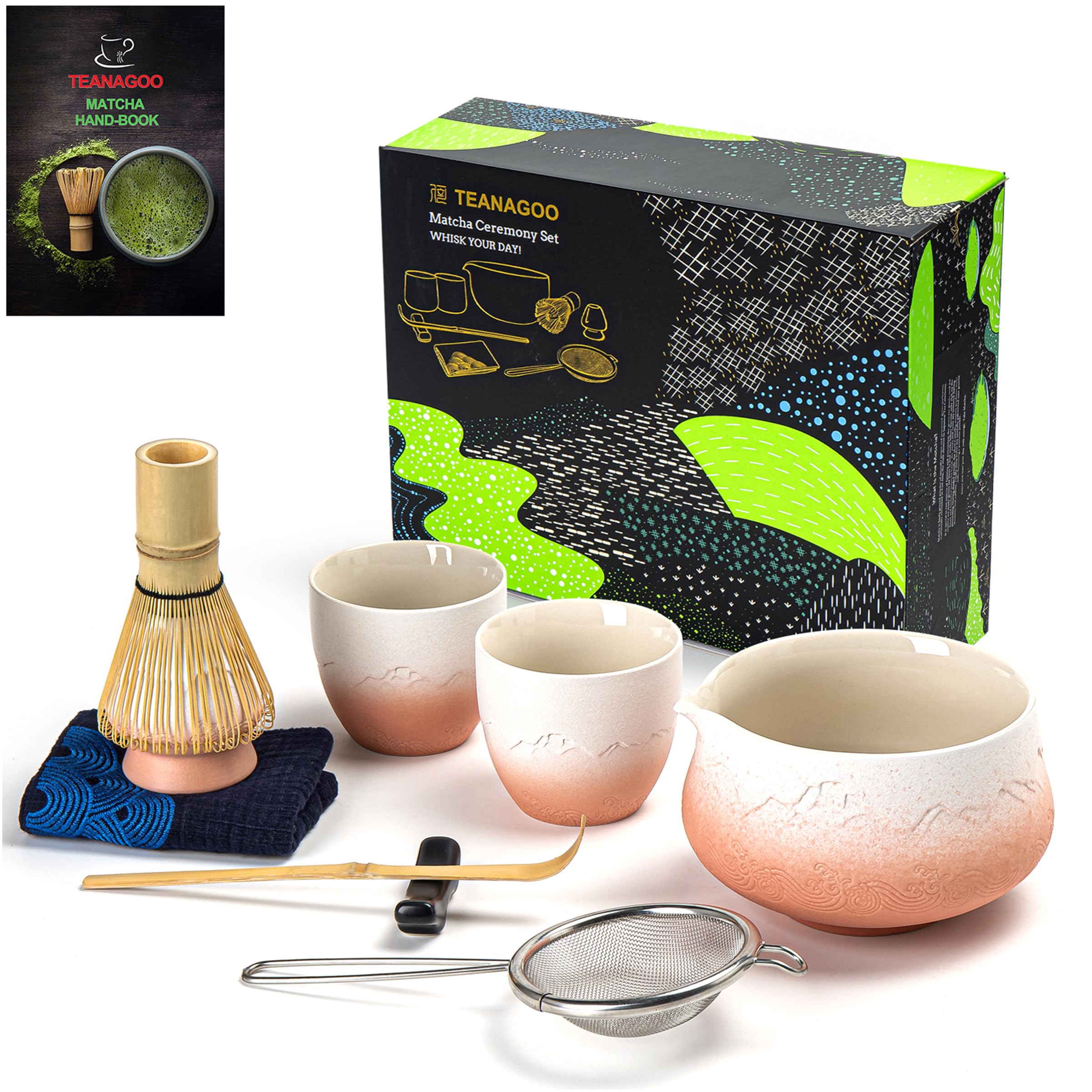 TEANAGOO Matcha-Tee-Set, Matcha-Schneebesen-Set japanisches Tee-Set, Matcha-Schüssel, Matcha-Bambus-Schneebesen, Schaufel, Sieb, Matcha-Schneebesen-Halter, Matcha-Schneebesen-Ständer