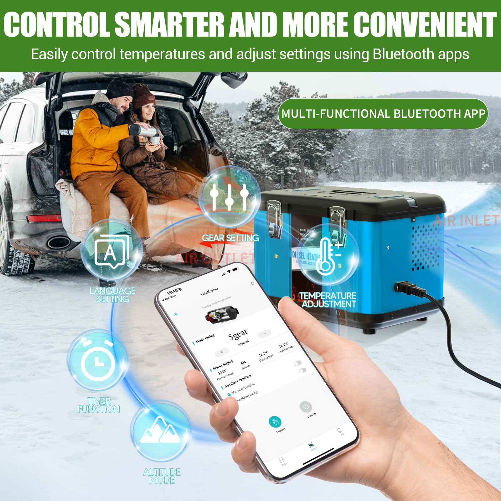 Riscaldatore d'Aria Diesel Tutto in Uno 8 kw 12v, Riscaldatore da Parcheggio Portatile con Controllo App Bluetooth, silenziatore, LCD e Telecomando, per Camper,Campeggio,Camion(Blu)